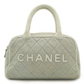 Chanel Light Gray White Canvas Leather Handbag (Pre-Owned)
