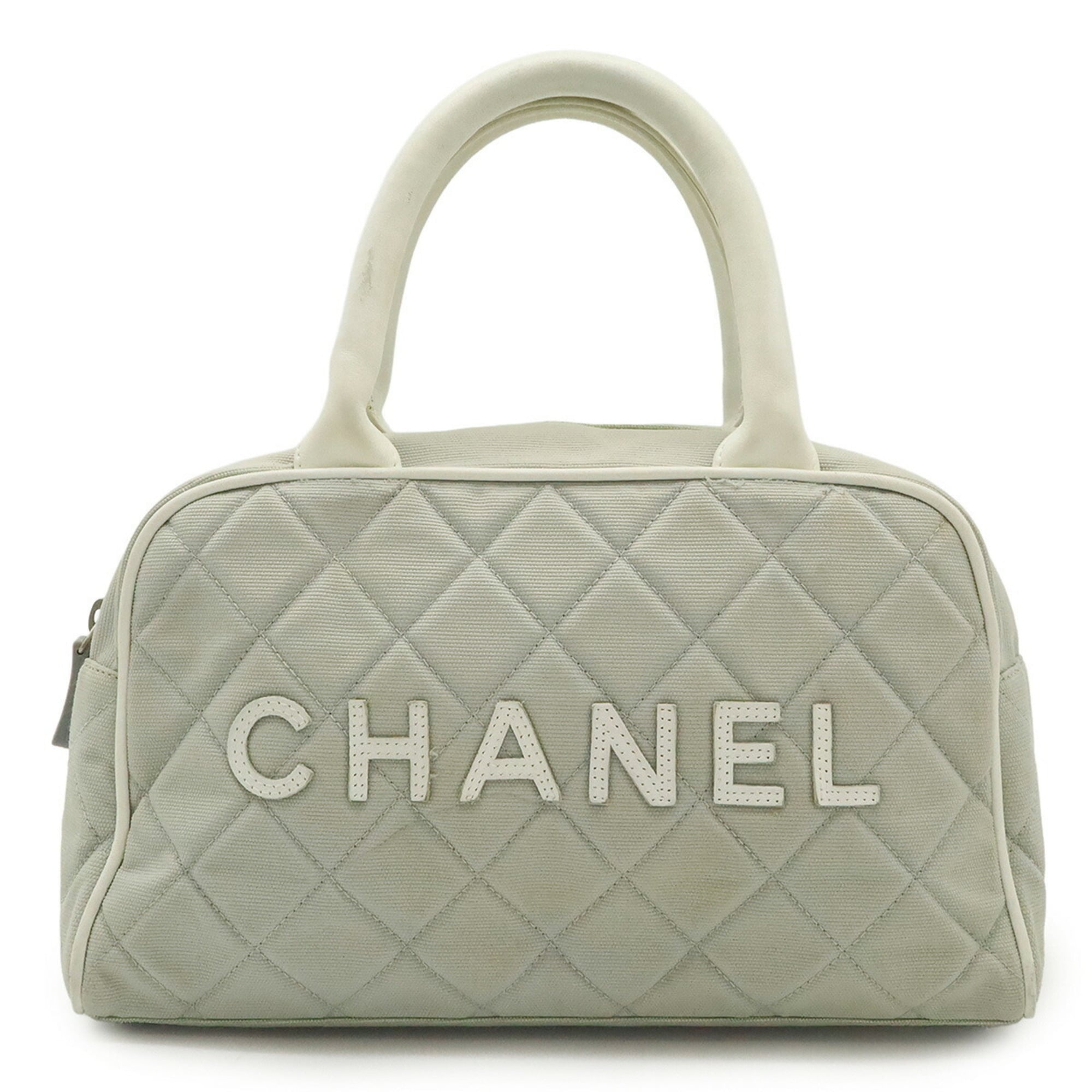 Chanel Light Gray White Canvas Leather Handbag (Pre-Owned)