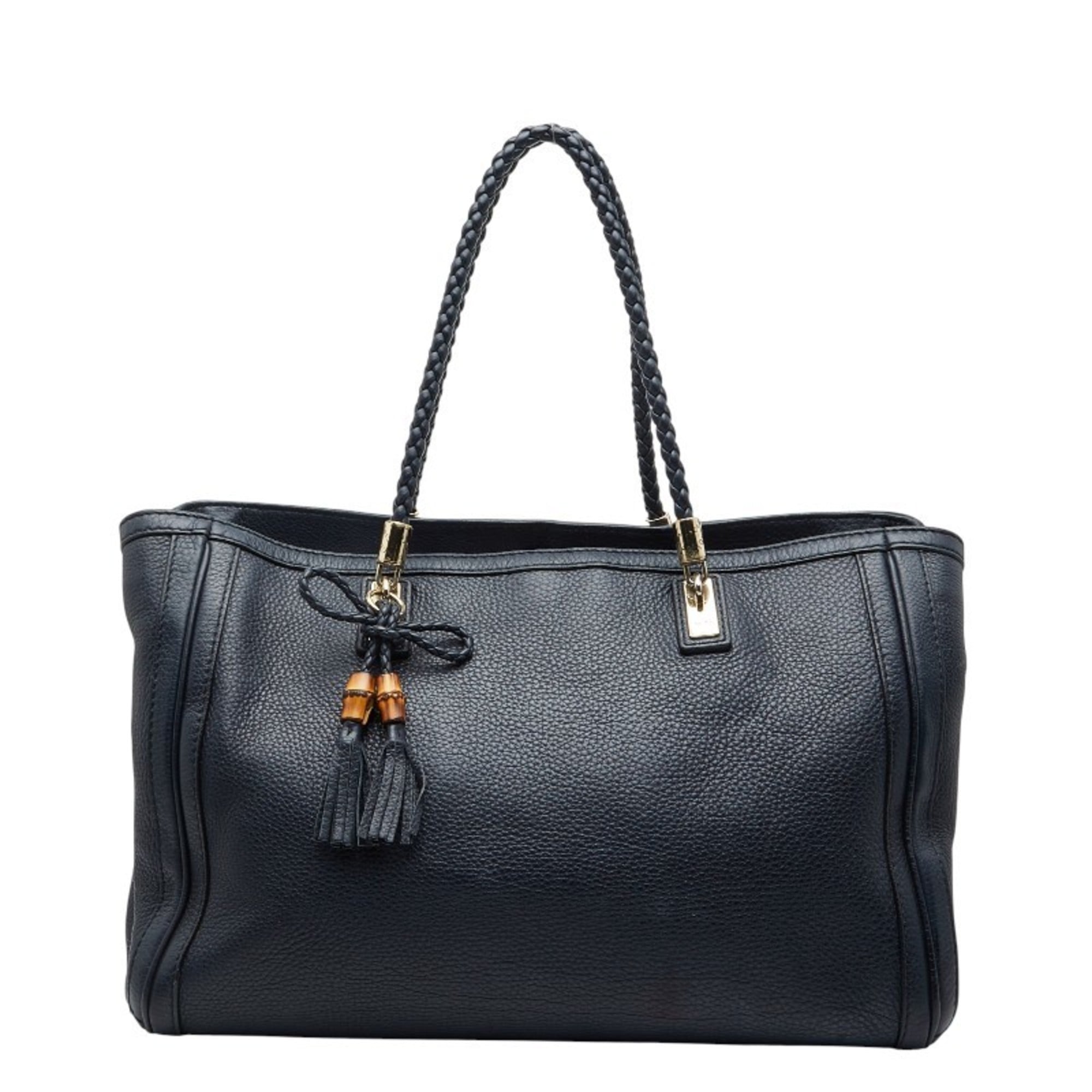 Gucci Navy Canvas Leather Shoulder Bag Tote Bag (Pre-Owned)