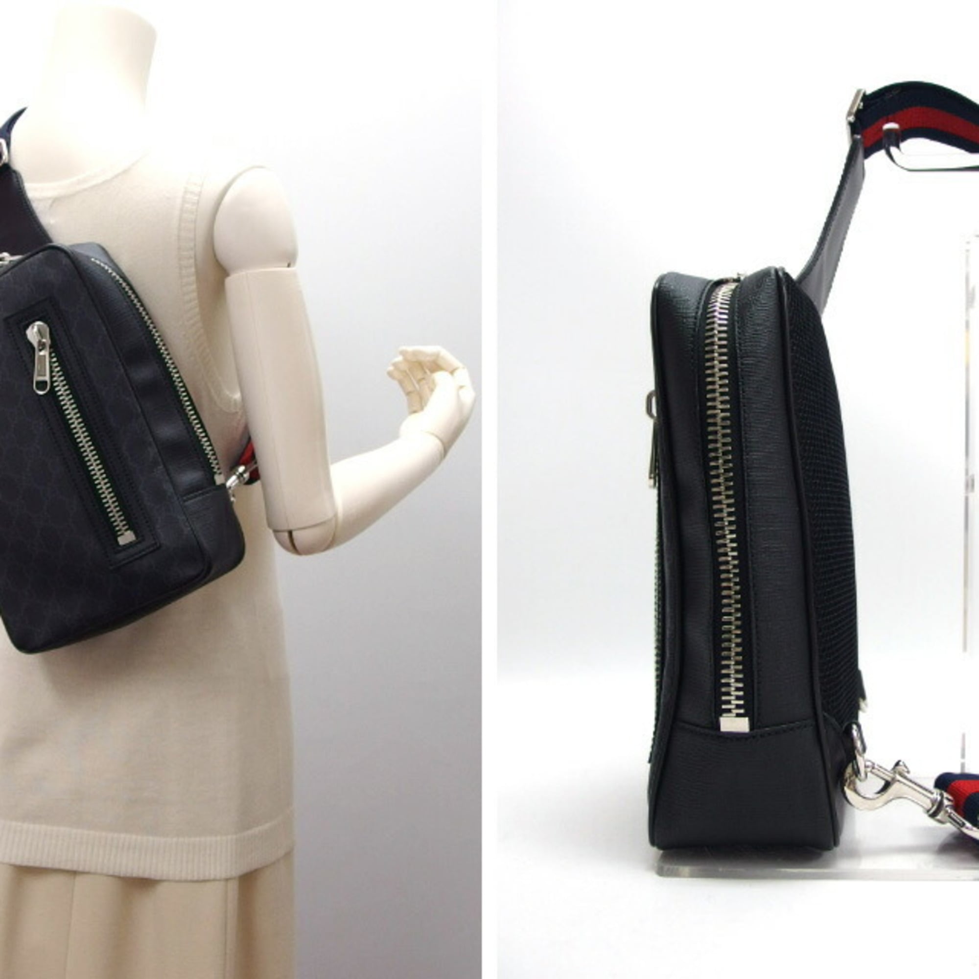 Gucci Black Navy Red Color Coated Canvas Leather Shoulder Bag Sling Bag (Pre-Owned)