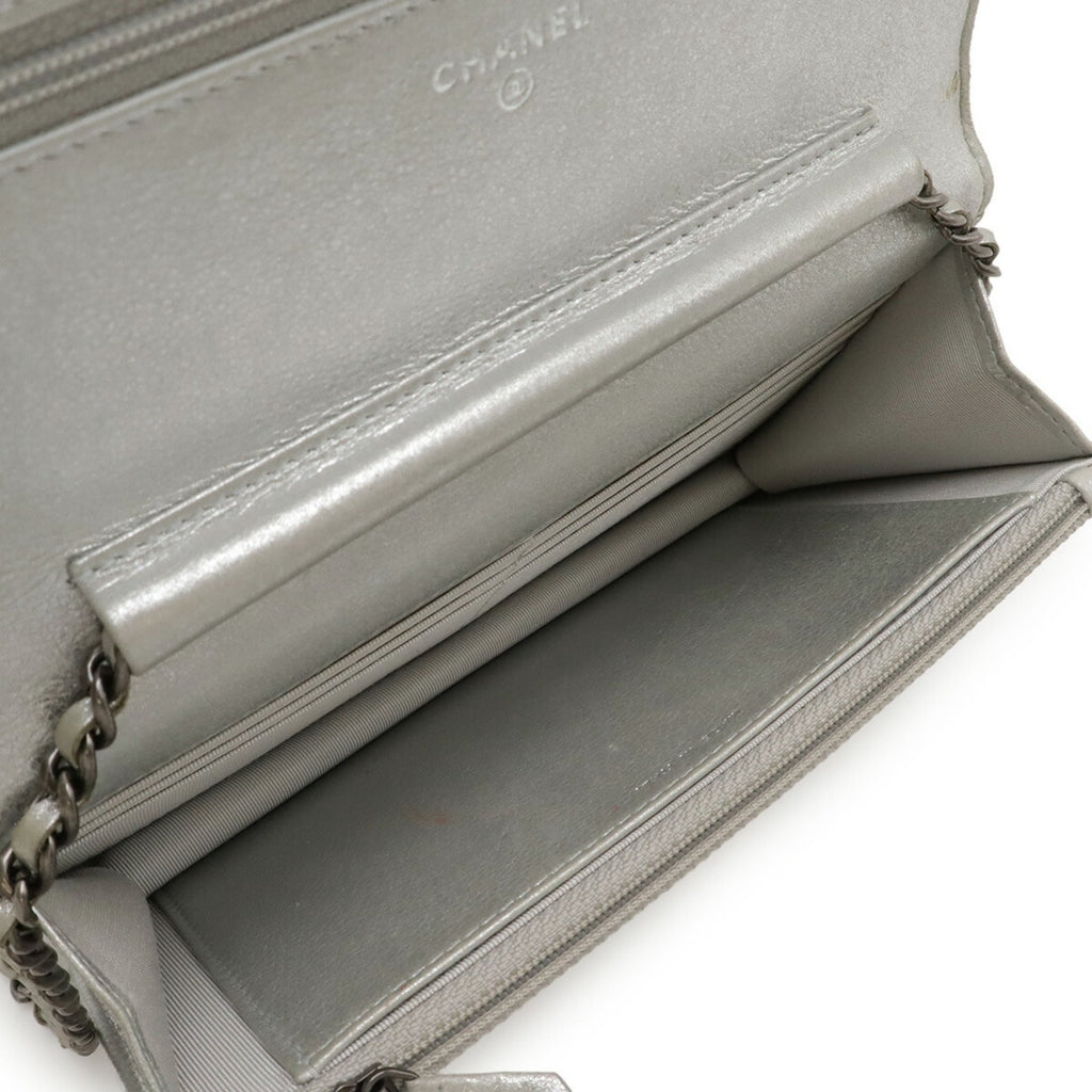 Chanel Chevron (V Stitch) Metallic Silver Leather Chain/Shoulder Wallet (Pre-Owned)