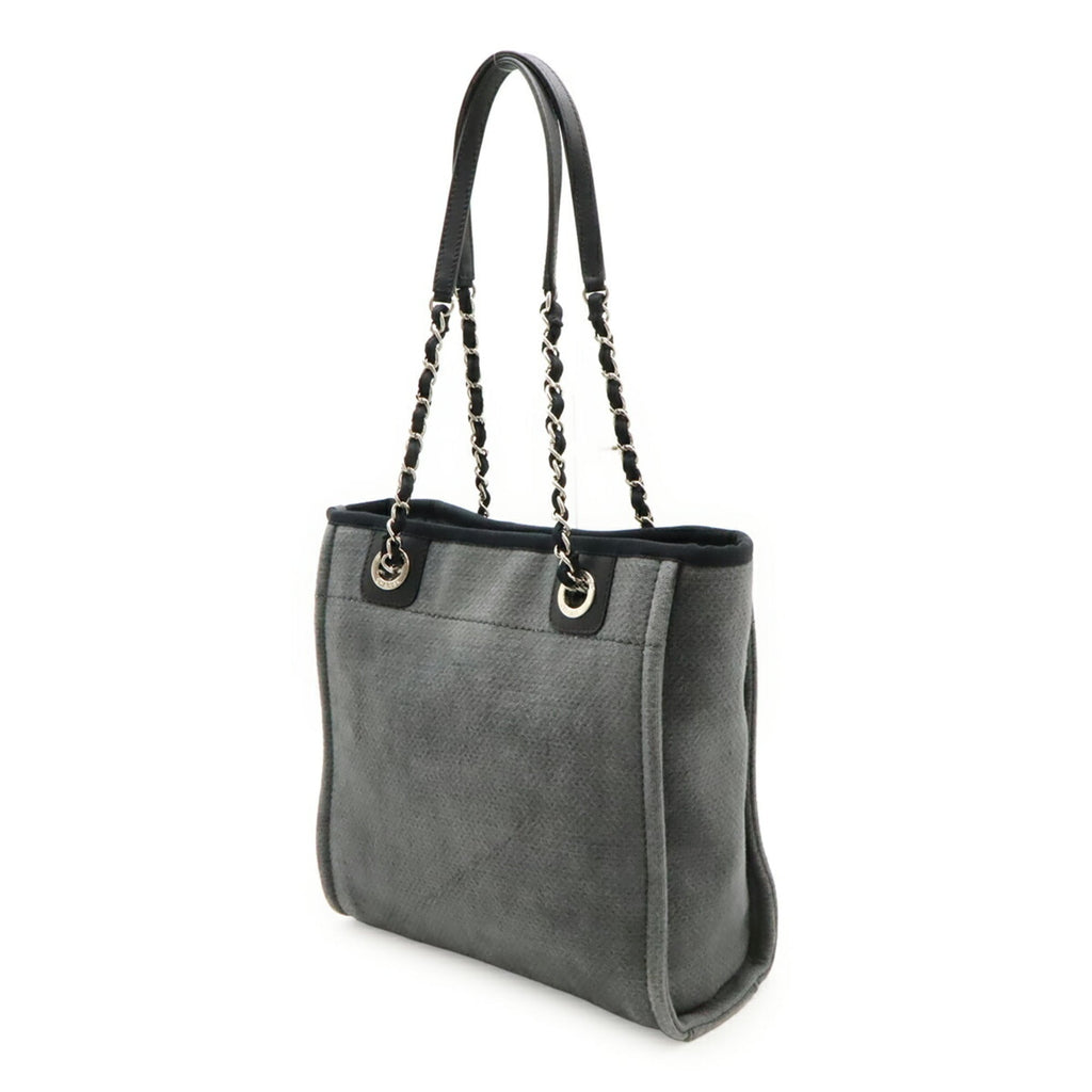 Chanel Black Gray Canvas Leather Shoulder Bag Tote Bag (Pre-Owned)
