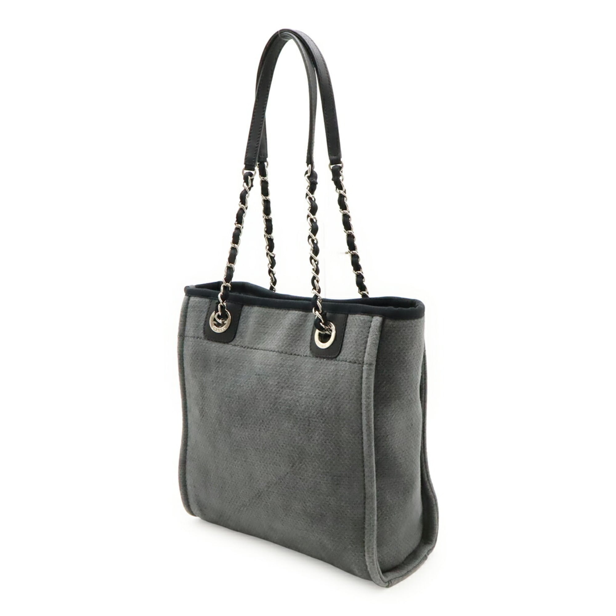 Chanel Black Gray Canvas Leather Shoulder Bag Tote Bag (Pre-Owned)