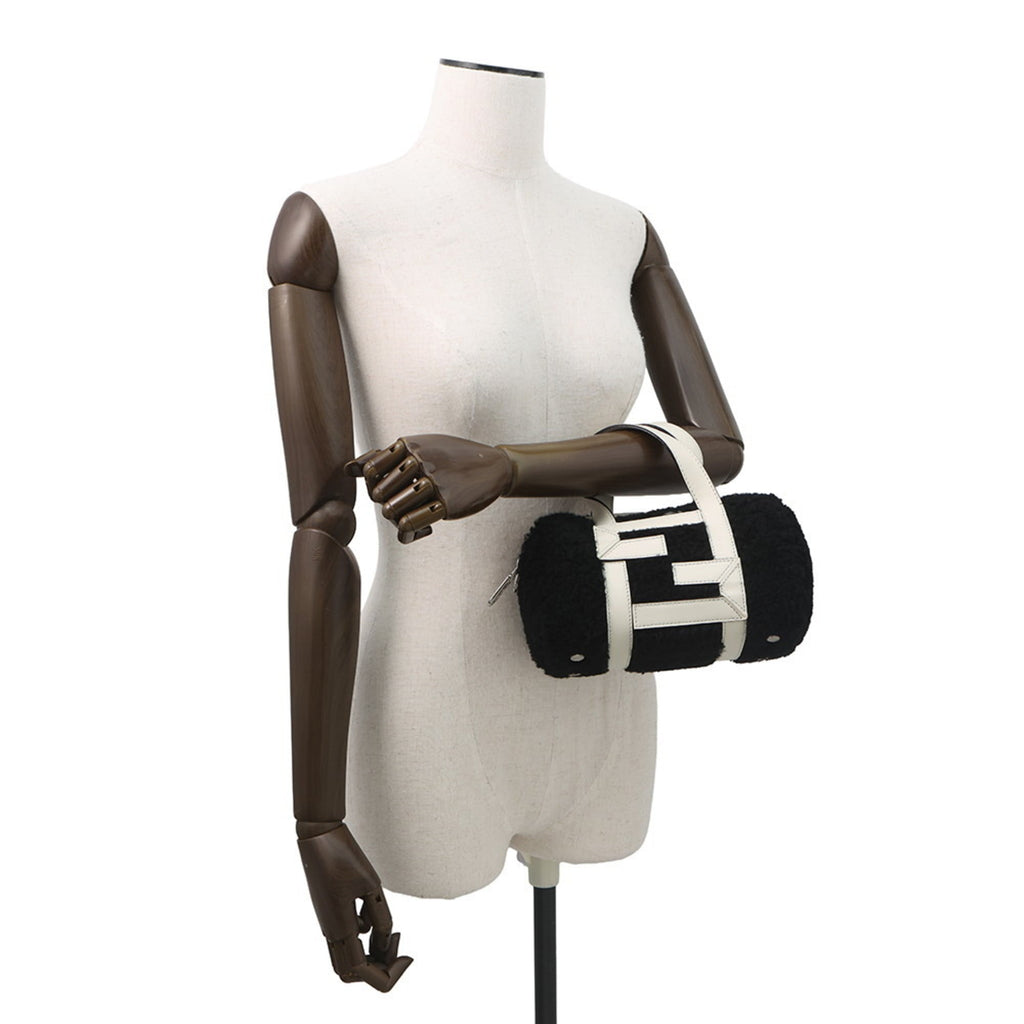 Fendi Zucca Black White Leather Fur Handbag (Pre-Owned)