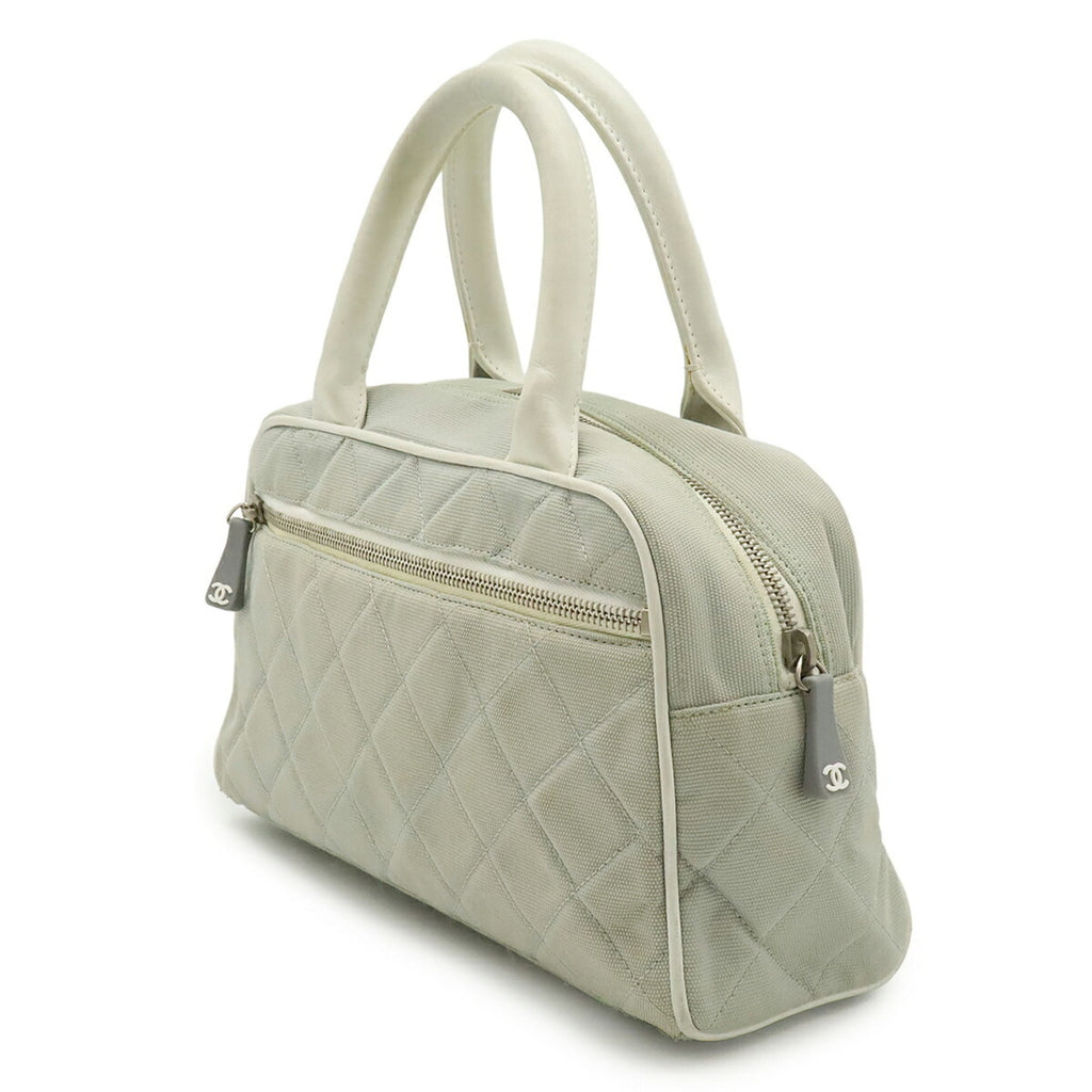 Chanel Light Gray White Canvas Leather Handbag (Pre-Owned)