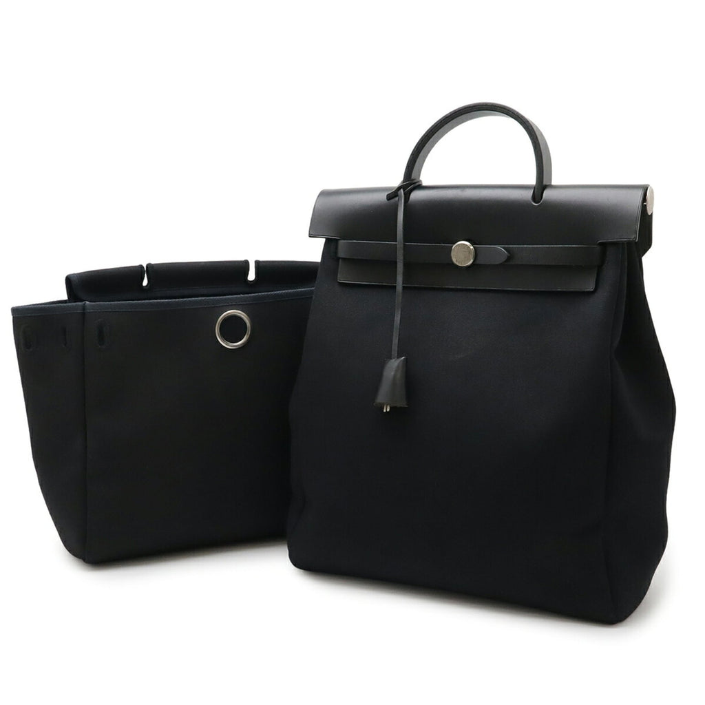 Hermes Her Bag Black Toile Officier Leather Backpack Handbag (Pre-Owned)