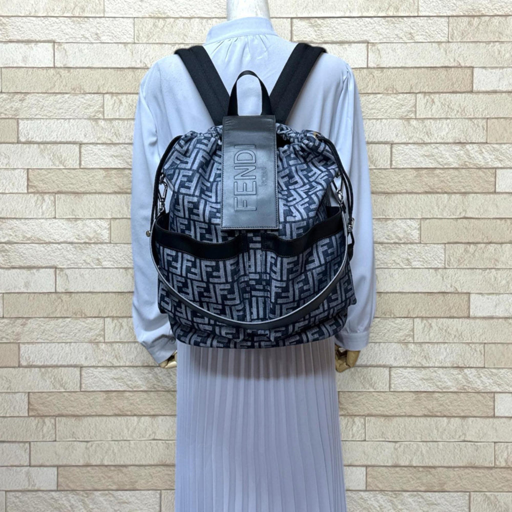 Fendi Black Navy Fabric Leather Backpack (Pre-Owned)