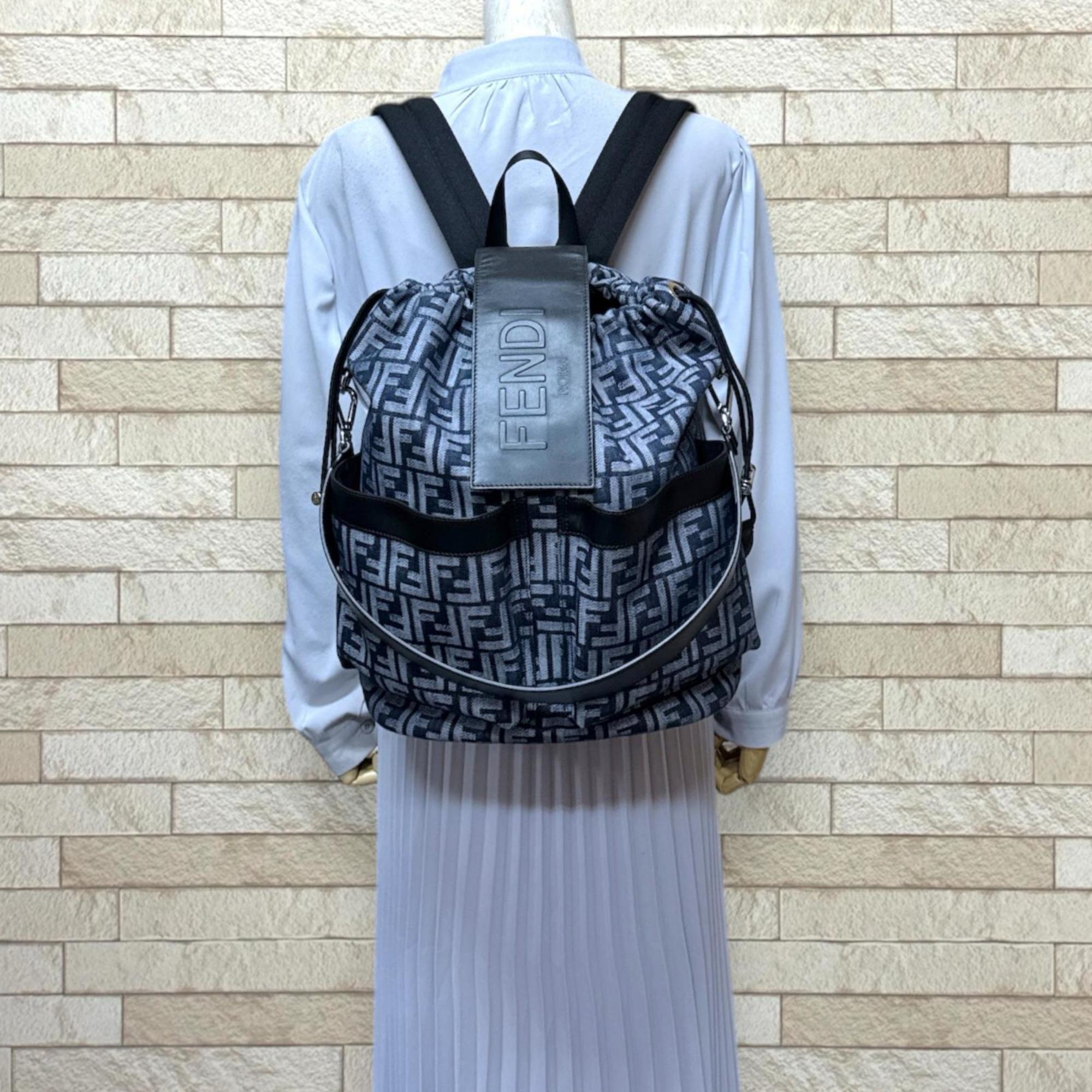 Fendi Black Navy Fabric Leather Backpack (Pre-Owned)