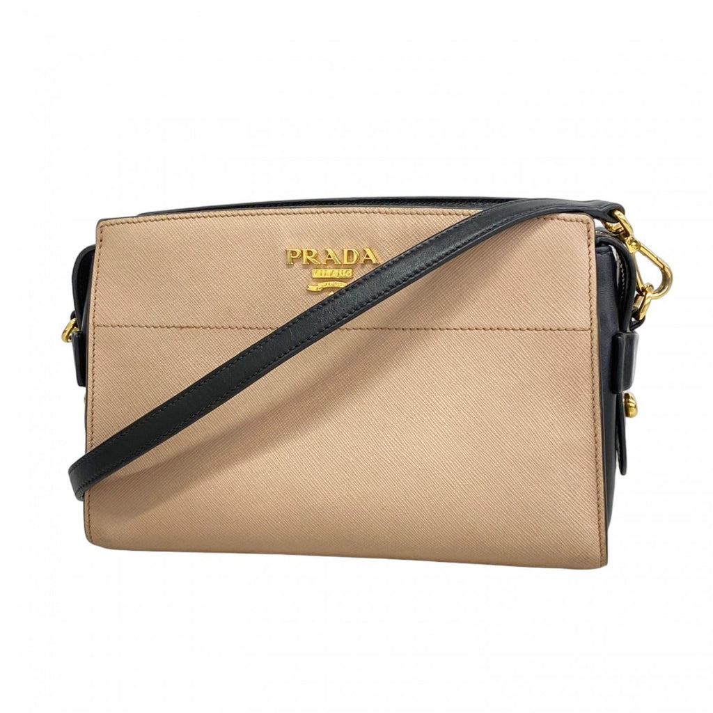 Prada Beige Black Leather Shoulder Bag (Pre-Owned)
