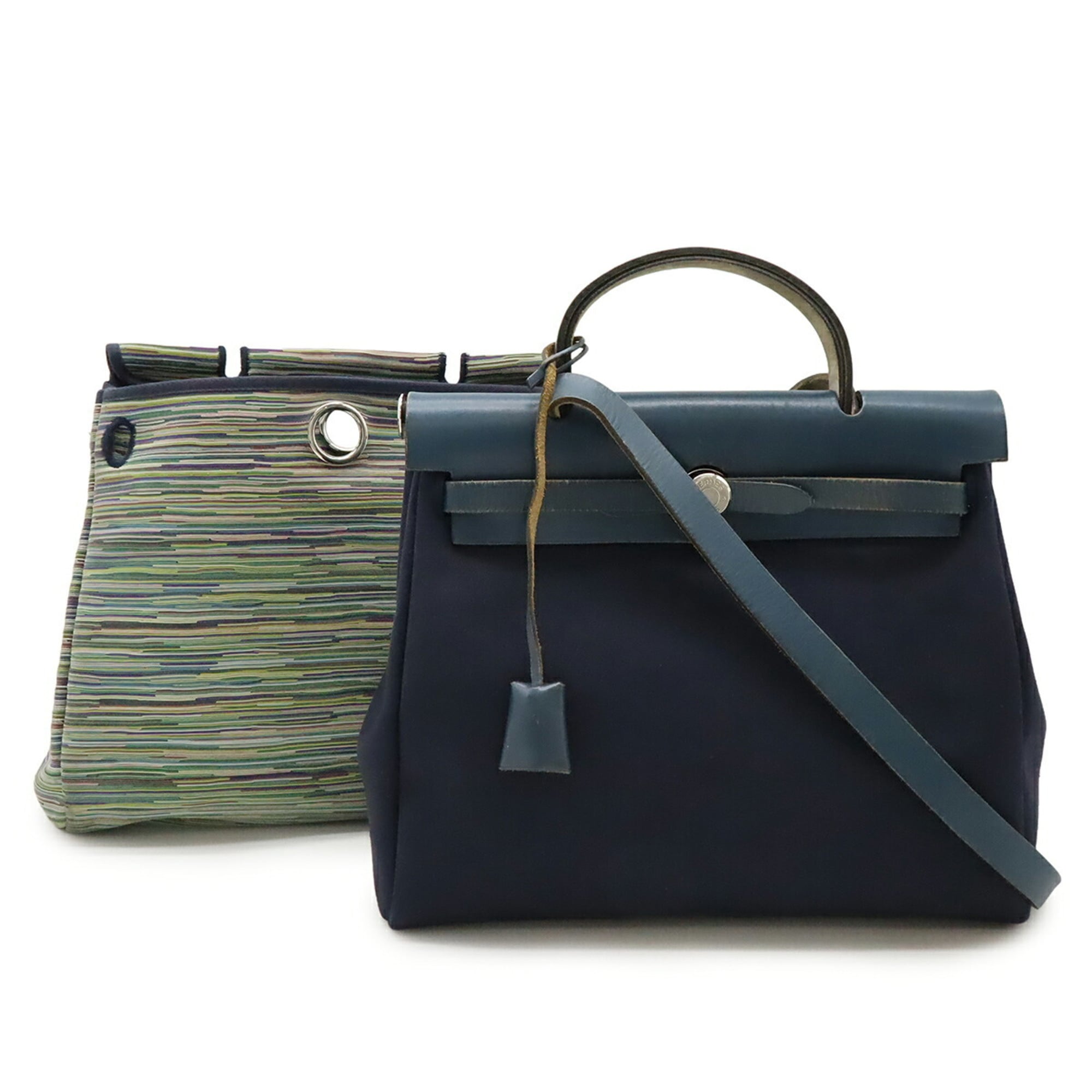 Hermes Her Bag Multi-Color Navy Toile Officier Vibrato Leather Leather Handbag Shoulder Bag (Pre-Owned)