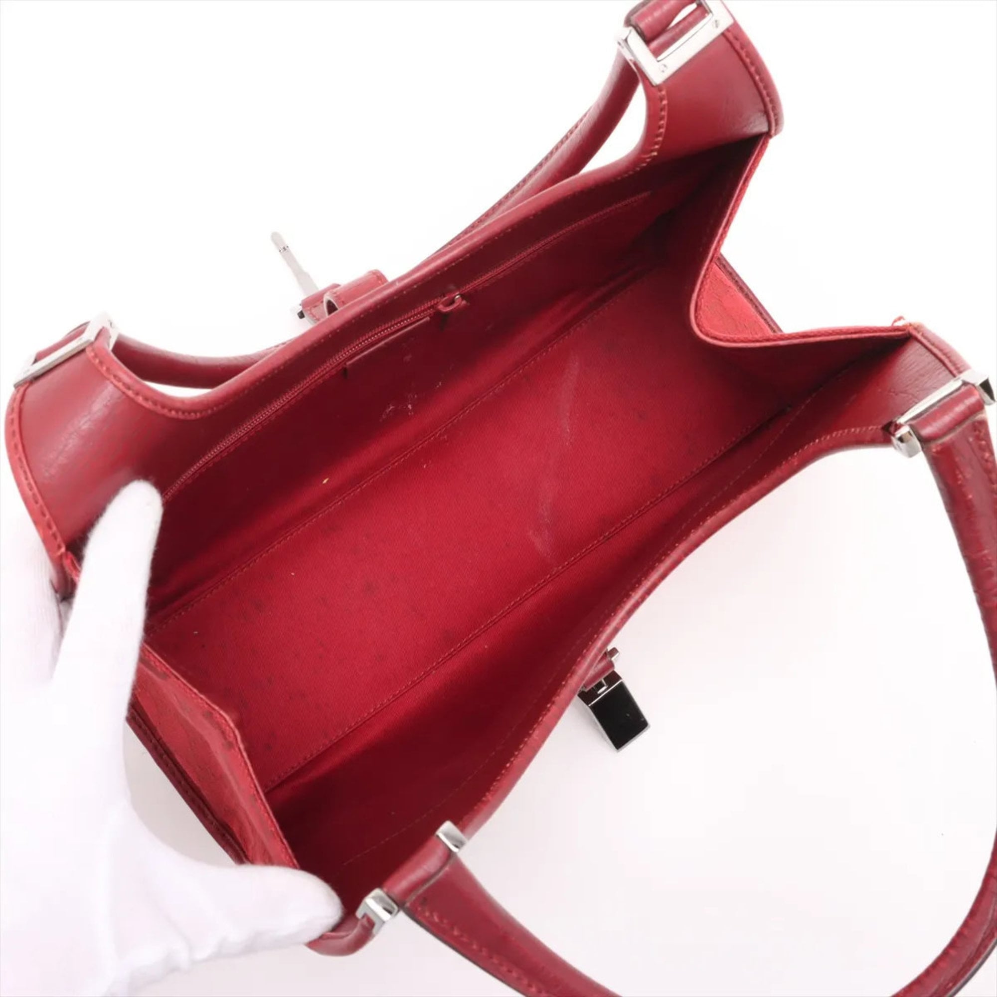 Gucci Red Color Leather Canvas Handbag (Pre-Owned)