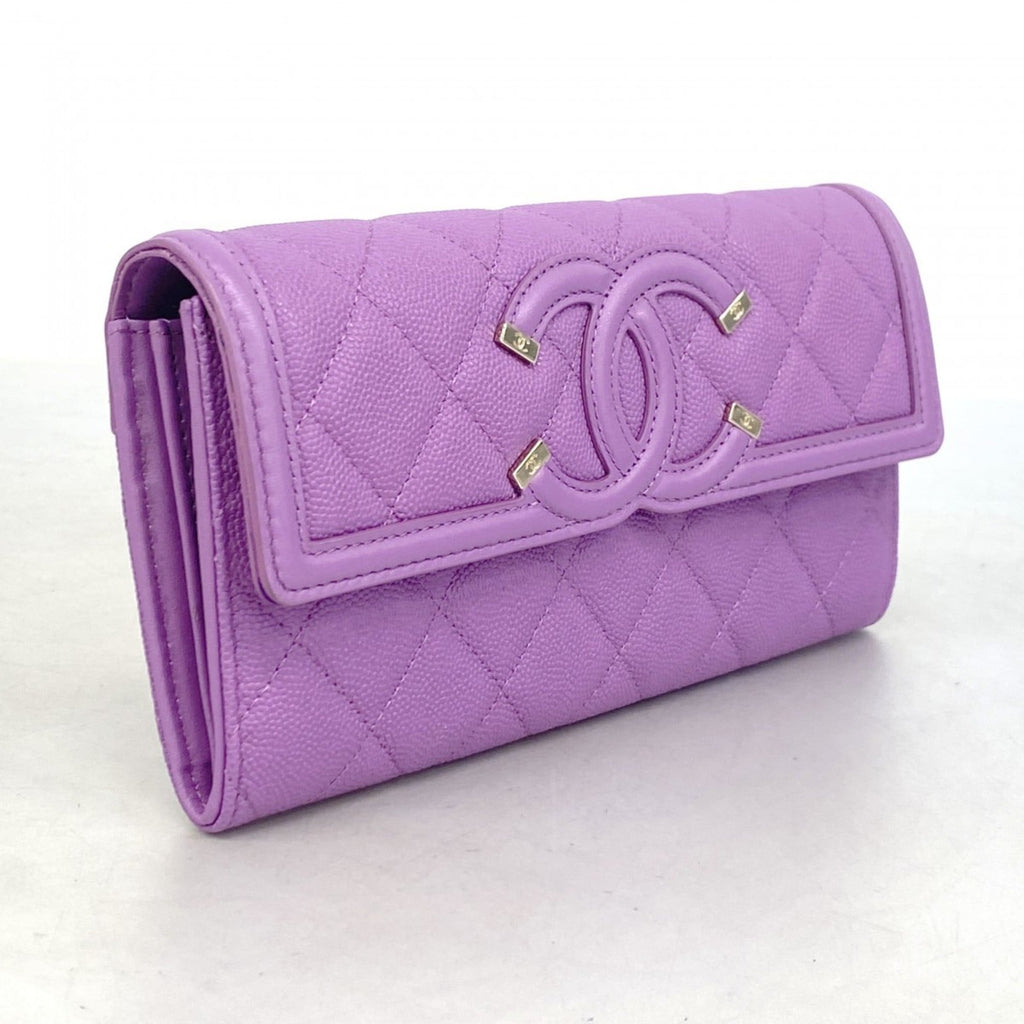 Chanel Purple Grained Calfskin Long Wallet (Bi-Fold) (Pre-Owned)