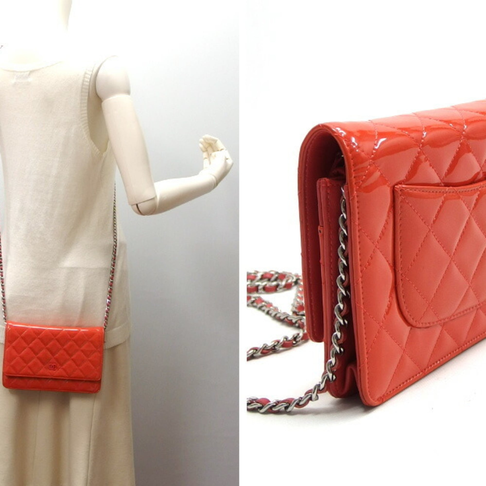 Chanel Matelasse Coral Orange Orange Red Orange Patent Leather Shoulder Bag (Pre-Owned)