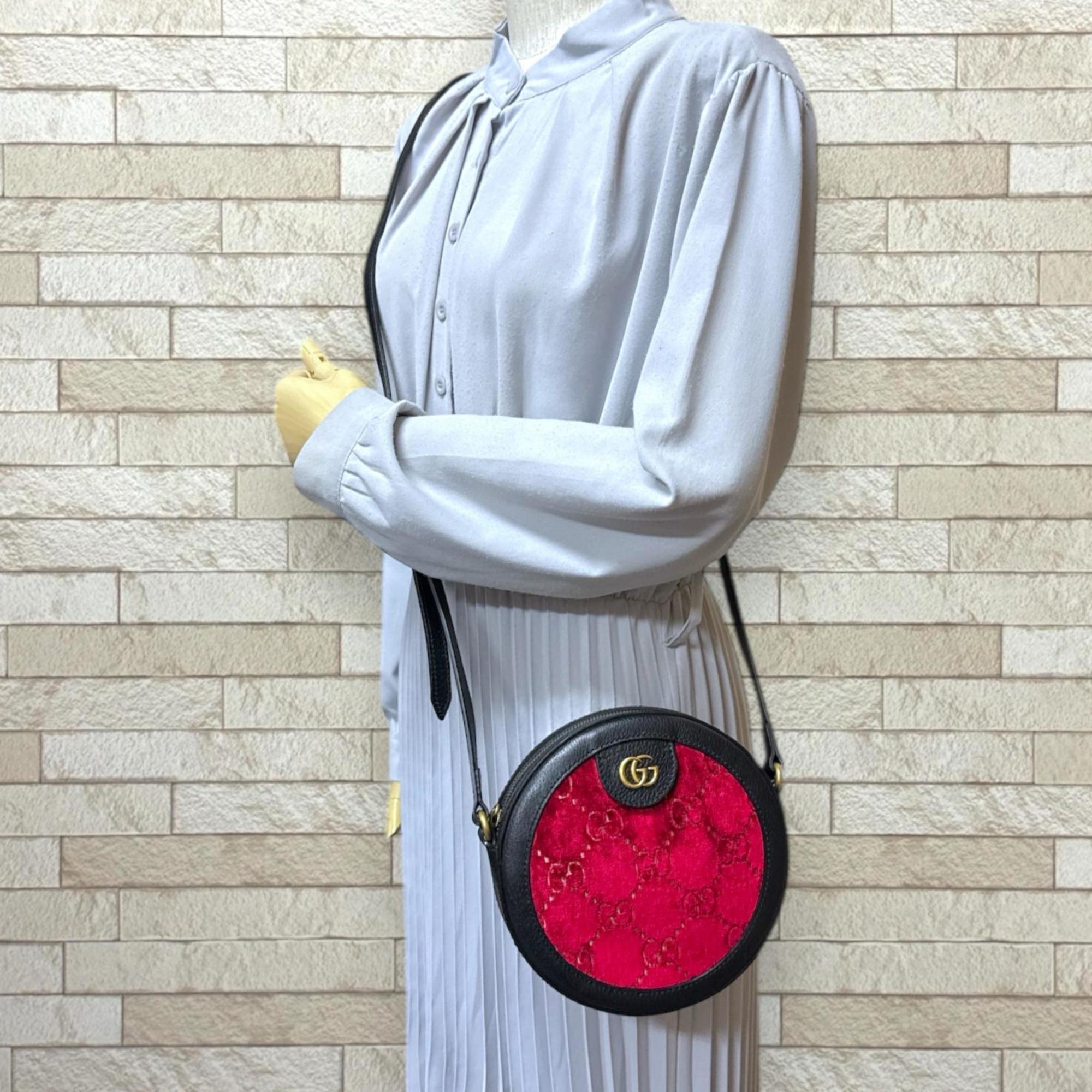 Gucci Black Red Color Velvet Leather Shoulder Bag (Pre-Owned)