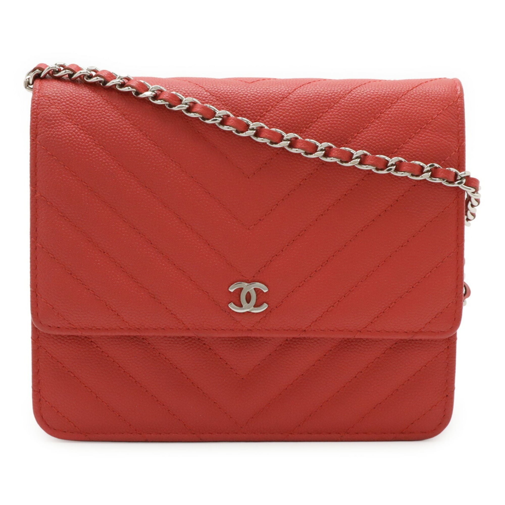 Chanel Pink Red Color Grained Calfskin Pochette Shoulder Bag (Pre-Owned)