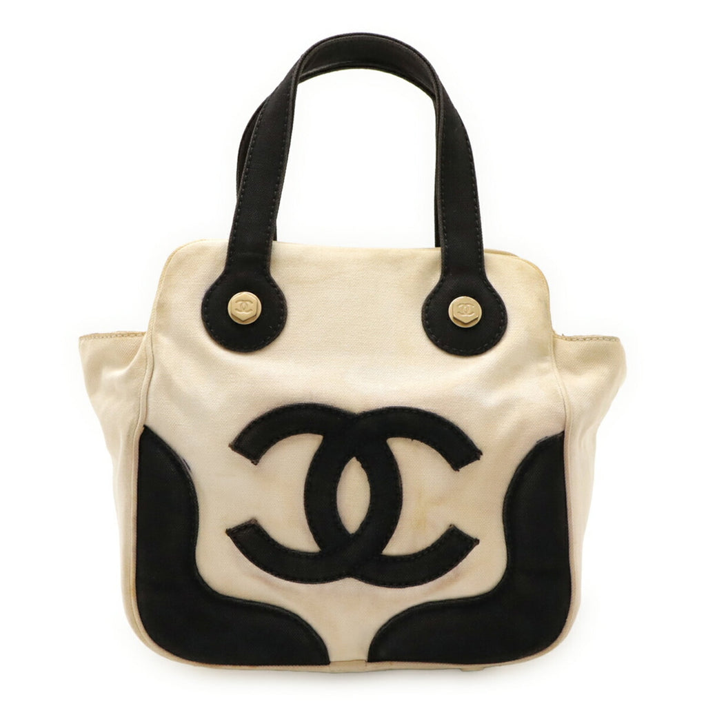 Chanel Black Ivory Canvas Leather Handbag Tote Bag (Pre-Owned)