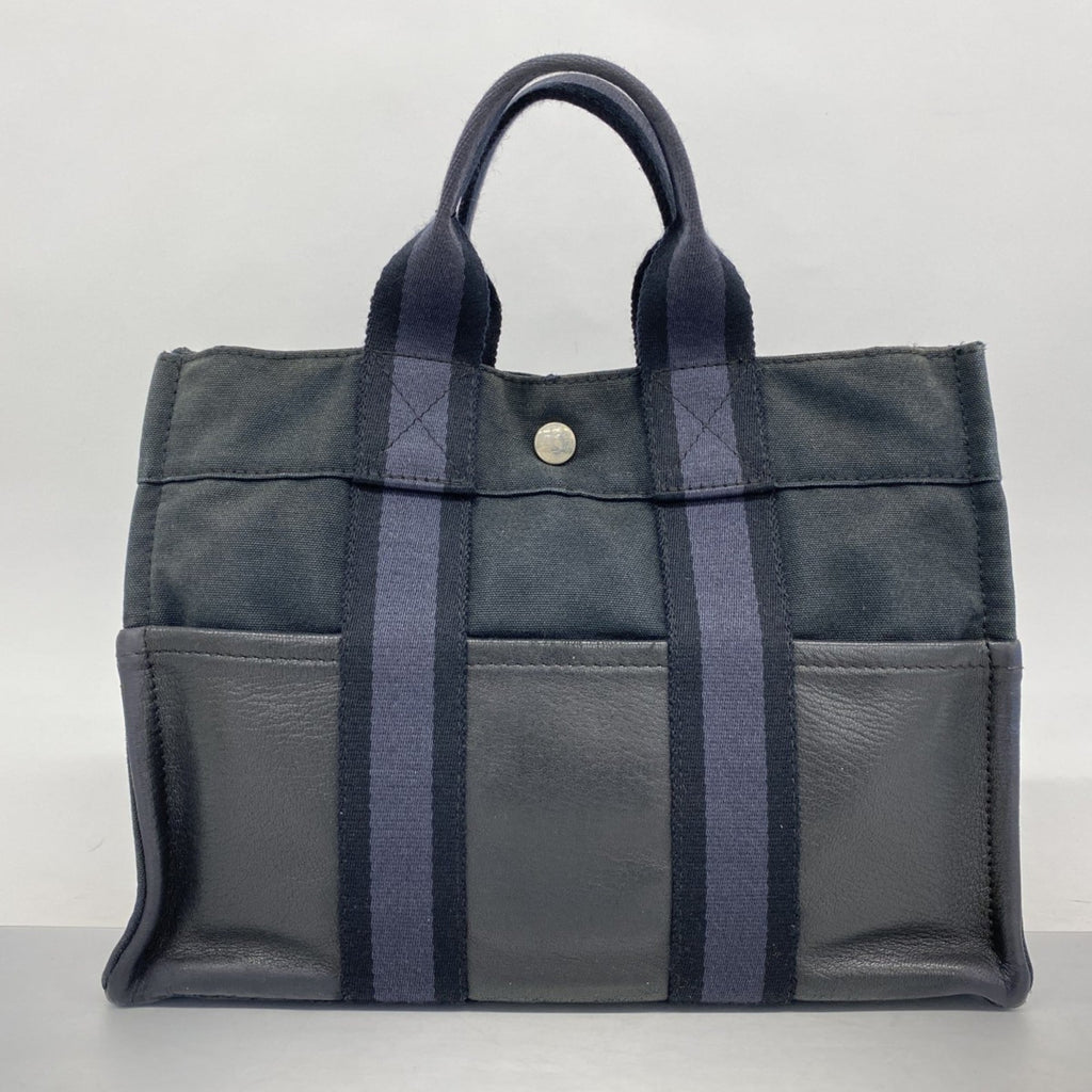 Hermes Black Gray Canvas Leather Handbag (Pre-Owned)
