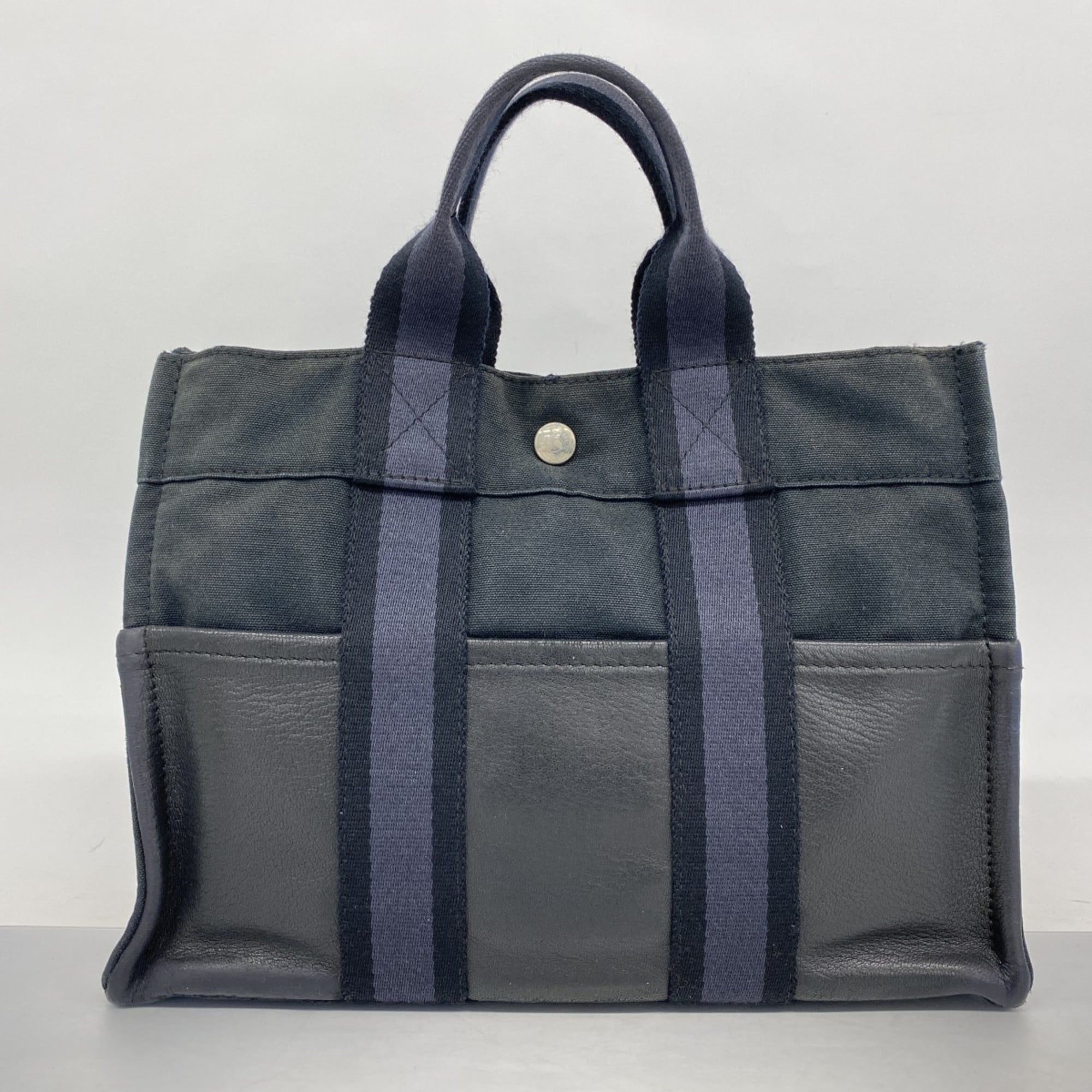 Hermes Black Gray Canvas Leather Handbag (Pre-Owned)