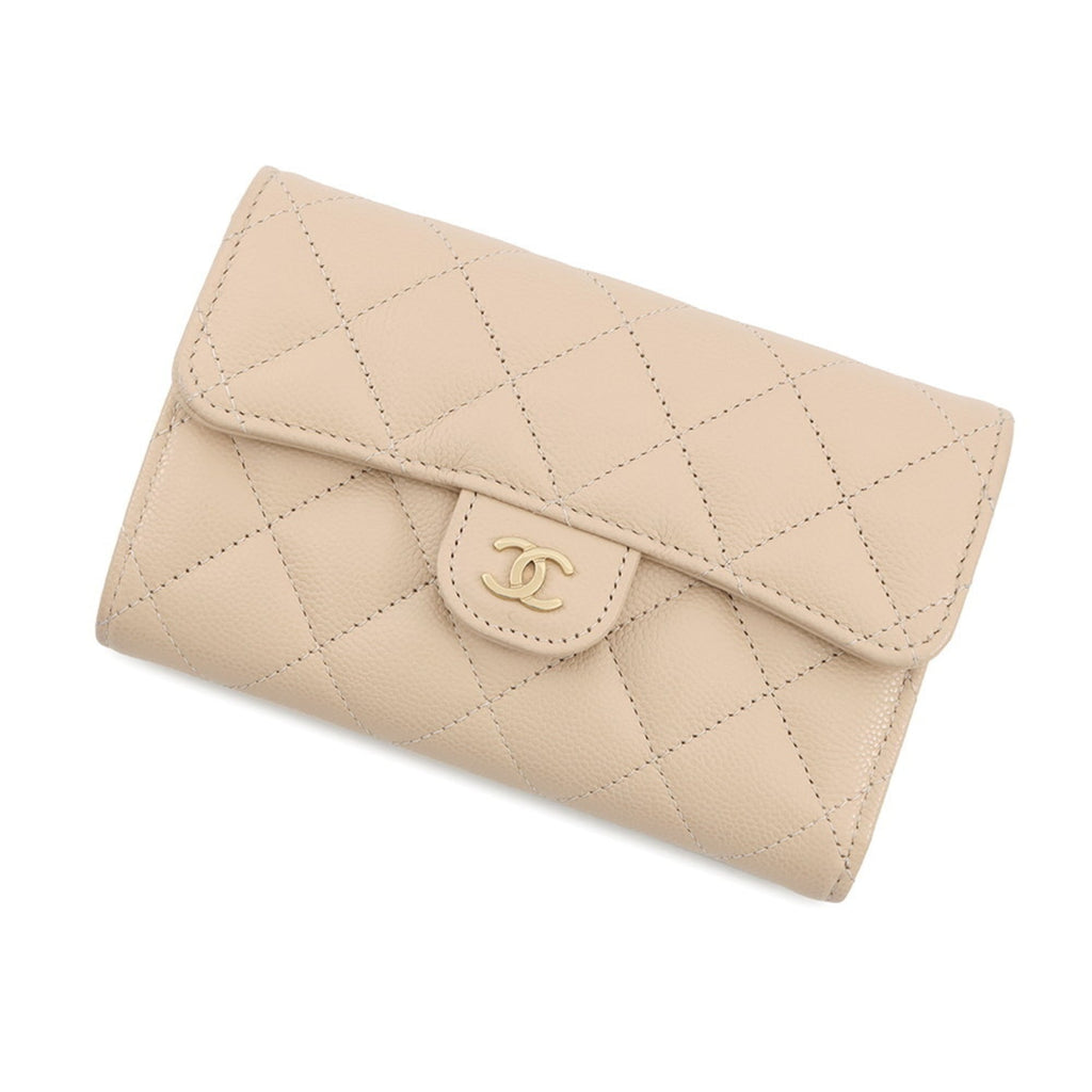 Chanel Matelasse Beige Grained Calfskin Wallet (Tri-Fold) (Pre-Owned)