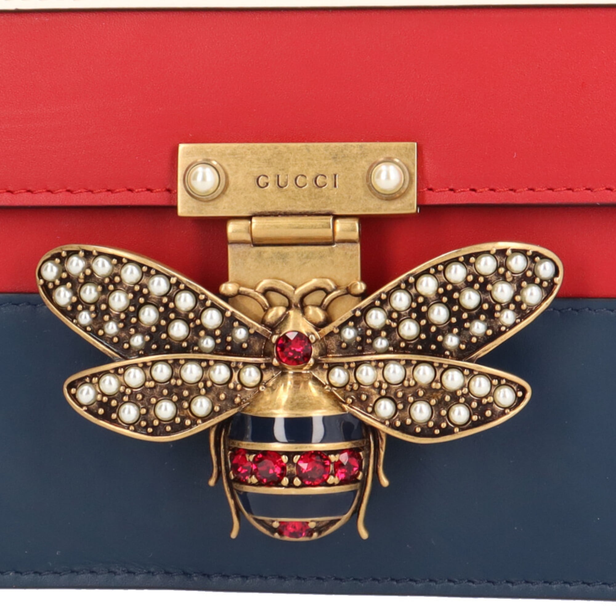 Gucci Navy Red Color White Leather Shoulder Bag (Pre-Owned)