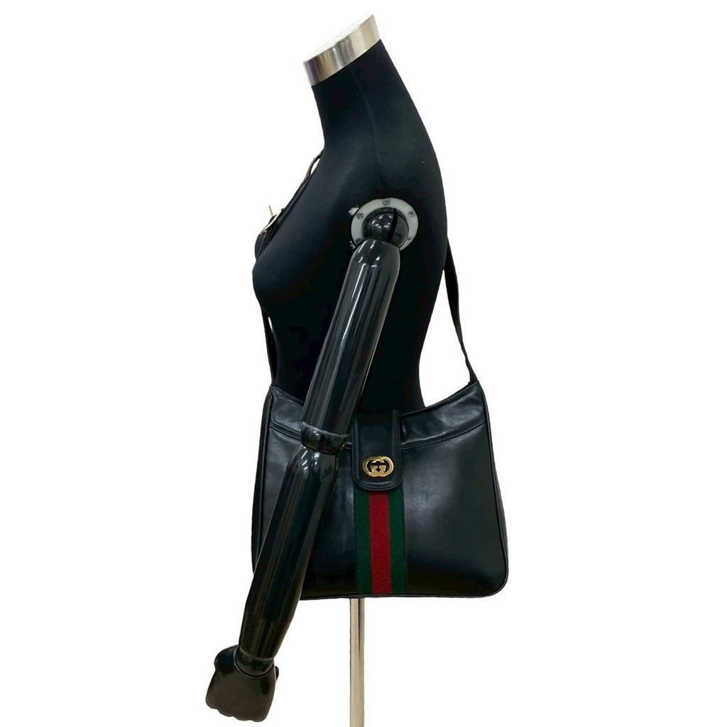 Gucci Black Green Red Color Leather Shoulder Bag (Pre-Owned)