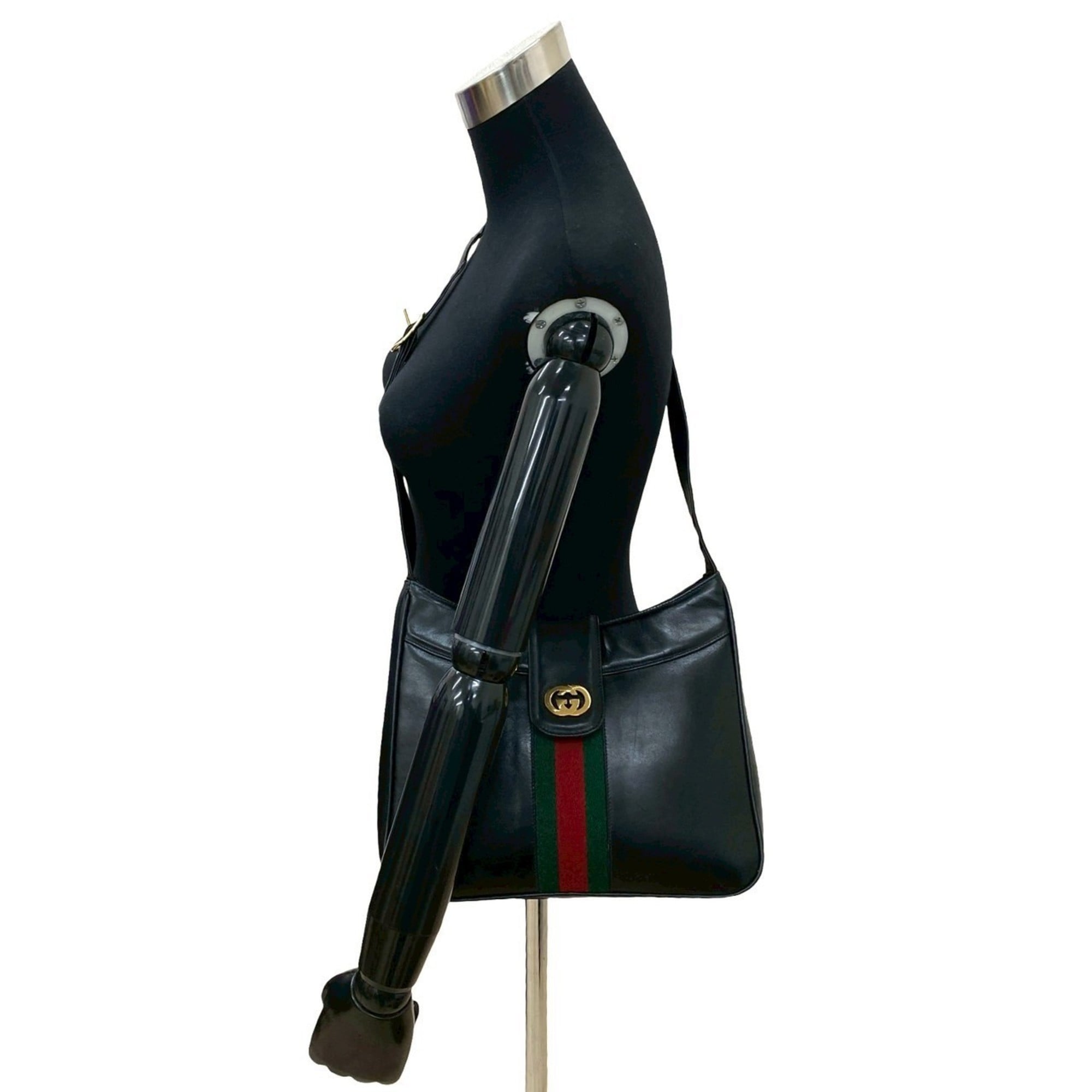 Gucci Black Green Red Color Leather Shoulder Bag (Pre-Owned)
