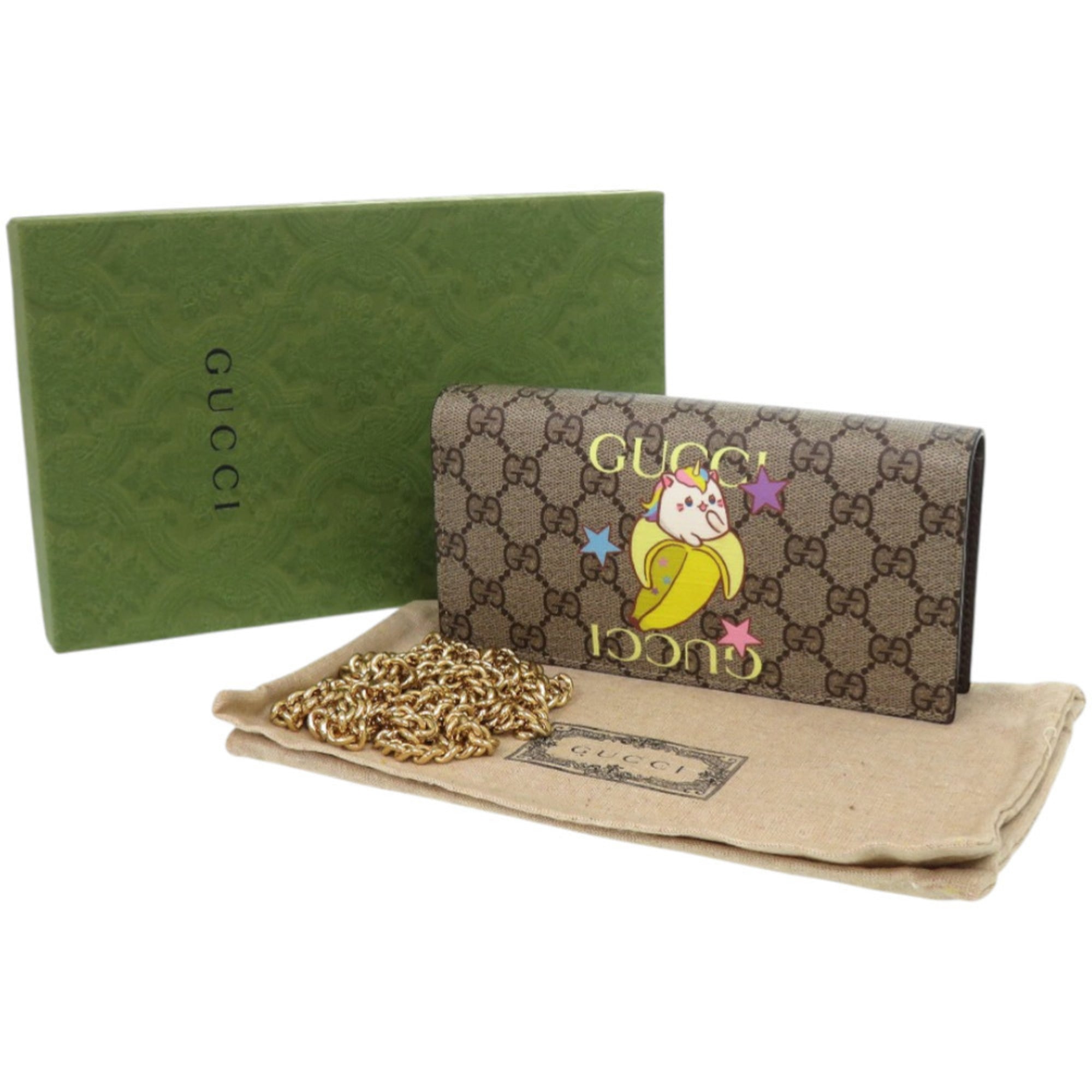 Gucci Beige Brown Multi-Color Gg Supreme Chain/Shoulder Wallet (Pre-Owned)