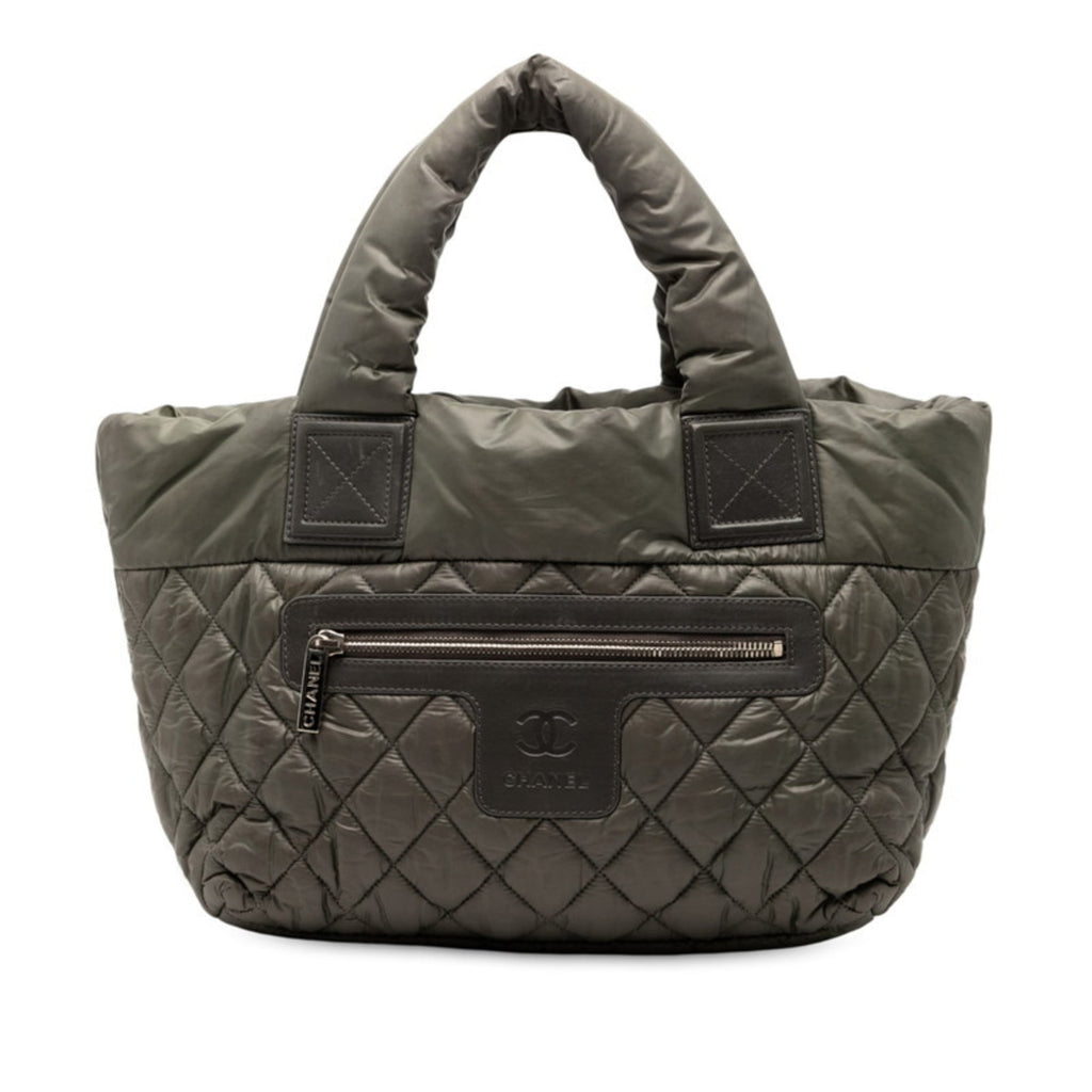 Chanel Khaki Navy Nylon Leather Handbag Tote Bag (Pre-Owned)