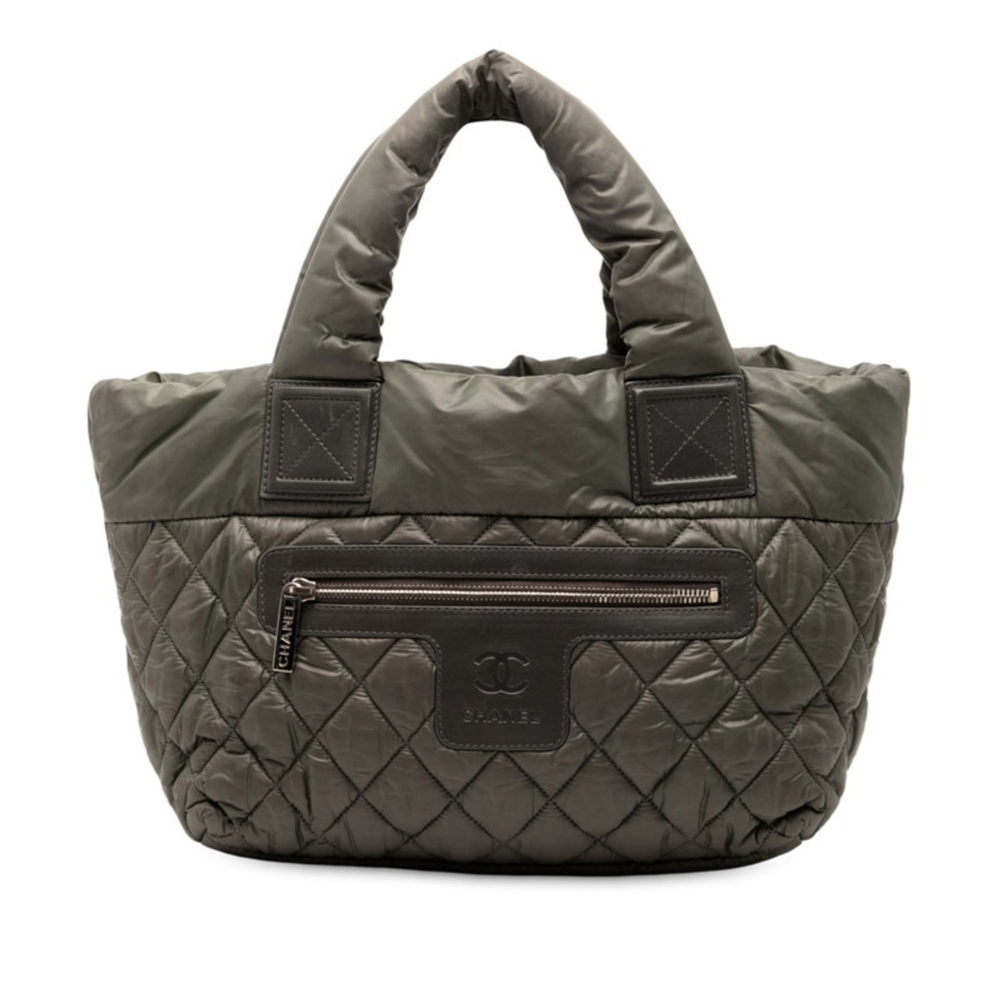 Chanel Khaki Navy Nylon Leather Handbag Tote Bag (Pre-Owned)