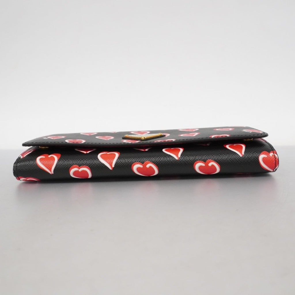 Prada Black Red Color Leather Long Wallet (Bi-Fold) (Pre-Owned)
