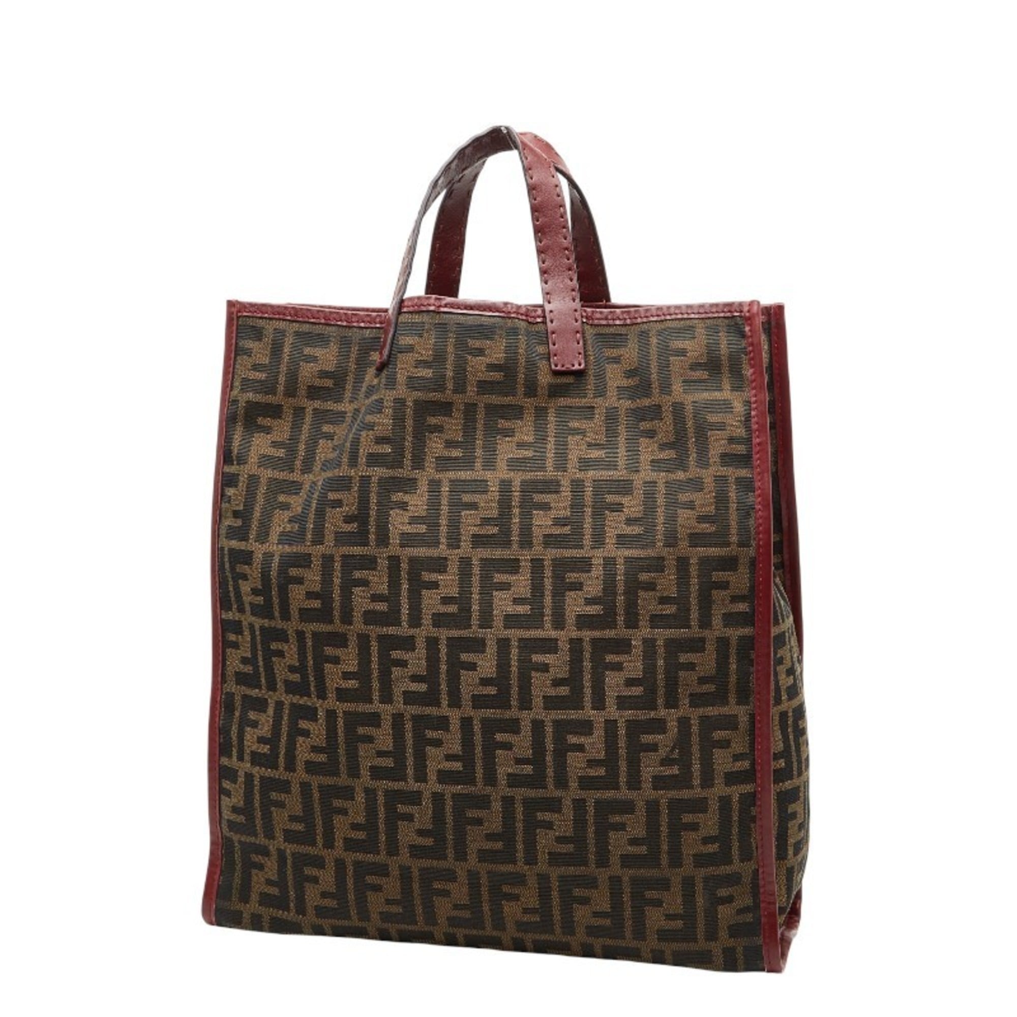 Fendi Brown Red Color Canvas Leather Handbag Tote Bag (Pre-Owned)