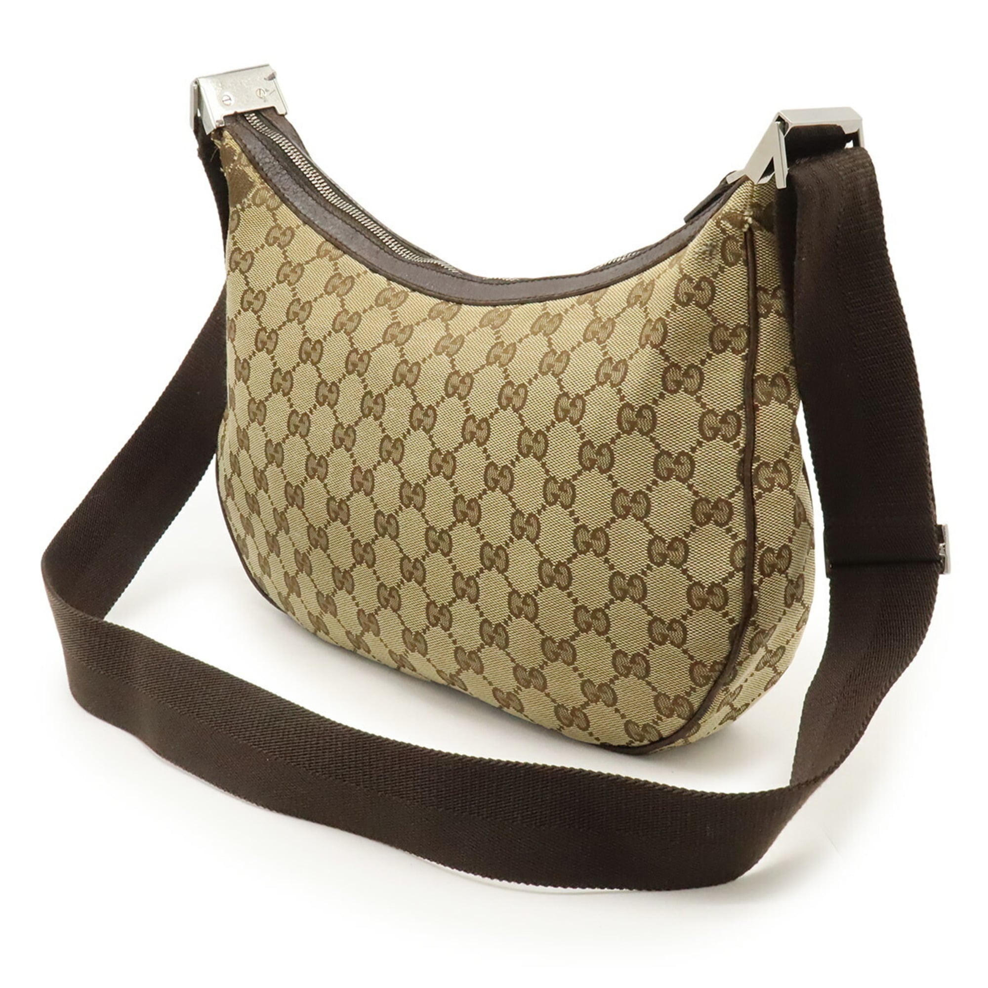 Gucci Beige Brown Dark Brown Khaki Canvas Leather Shoulder Bag (Pre-Owned)