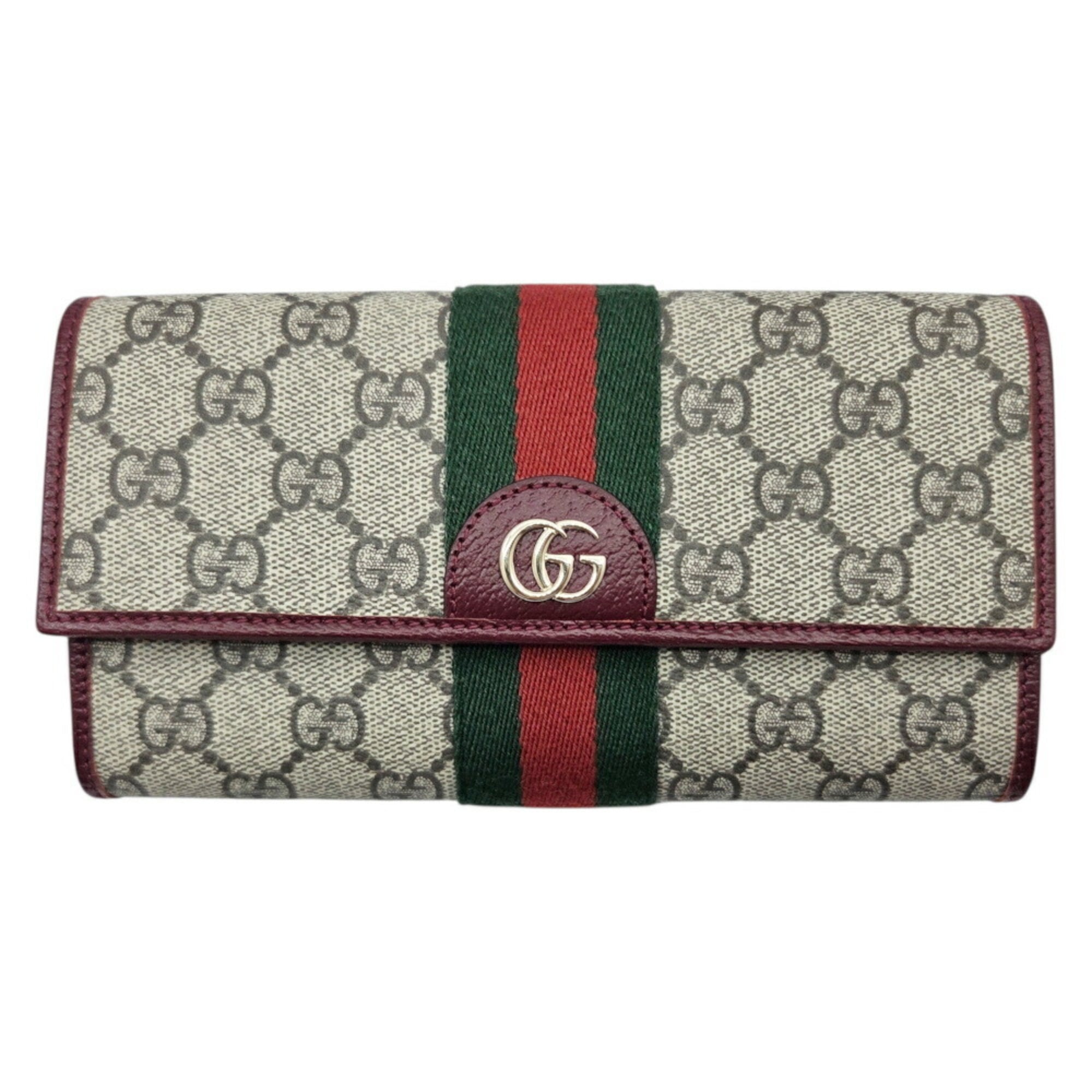 Gucci Beige Green Red Color Gg Supreme Leather Long Wallet (Bi-Fold) (Pre-Owned)