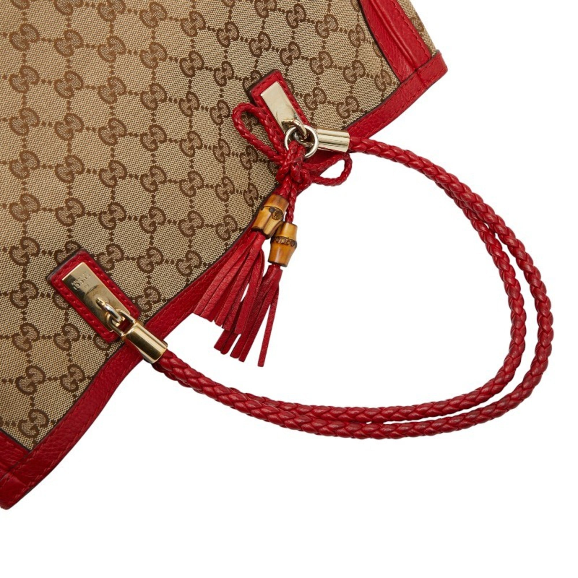Gucci Beige Red Color Canvas Leather Tote Bag (Pre-Owned)