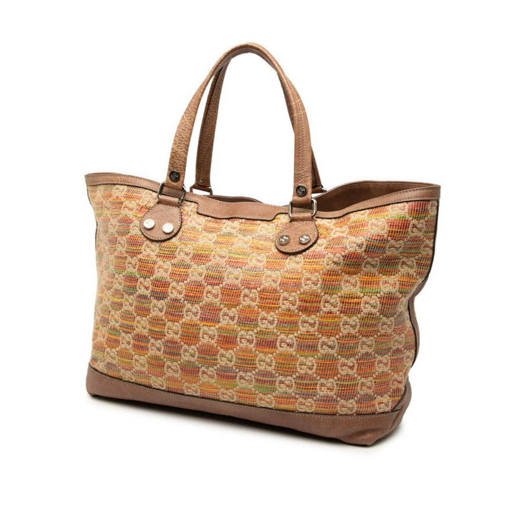 Gucci Brown Multi-Color Leather Straw Tote Bag (Pre-Owned)