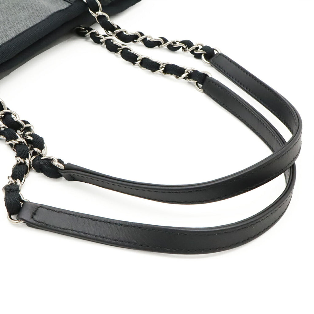 Chanel Black Gray Canvas Leather Shoulder Bag Tote Bag (Pre-Owned)