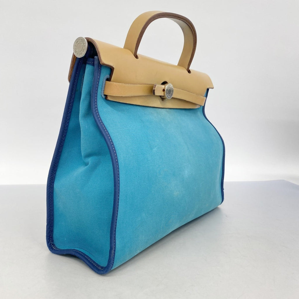 Hermes Blue Natural Toile Officier Handbag (Pre-Owned)