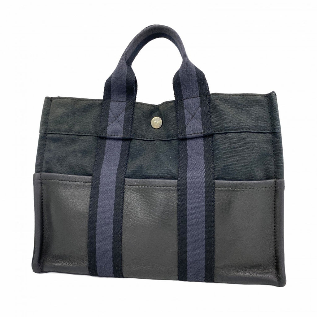 Hermes Black Gray Canvas Leather Handbag (Pre-Owned)
