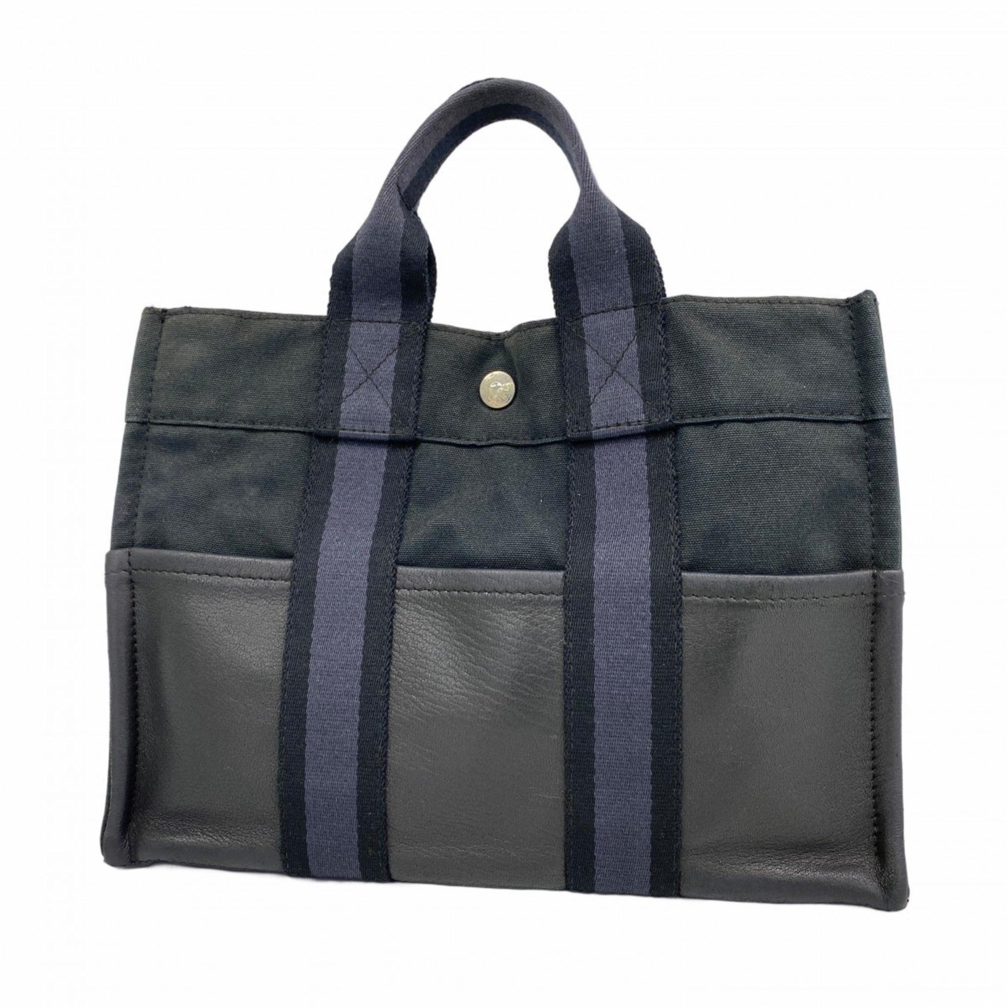 Hermes Black Gray Canvas Leather Handbag (Pre-Owned)