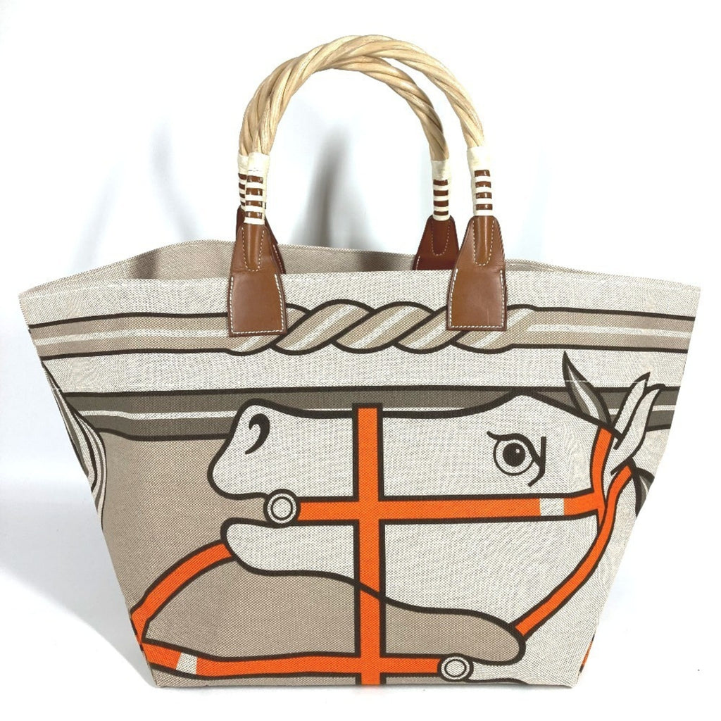 Hermes Beige Orange Canvas Leather Shoulder Bag Tote Bag (Pre-Owned)