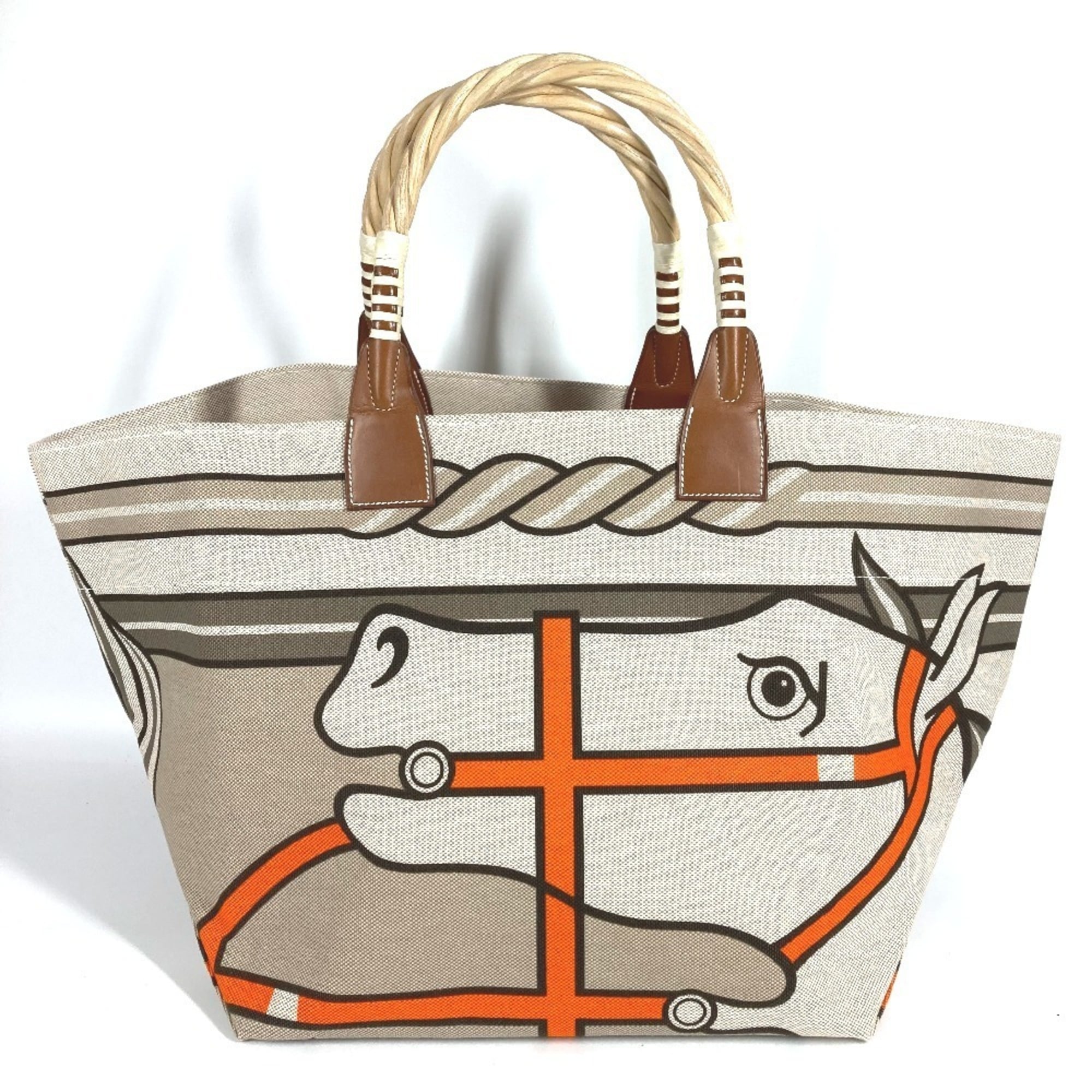 Hermes Beige Orange Canvas Leather Shoulder Bag Tote Bag (Pre-Owned)