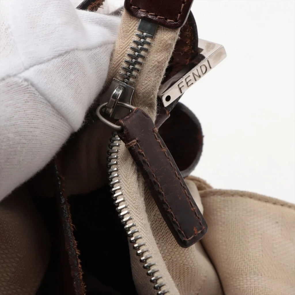 Fendi Beige Leather Canvas Shoulder Bag (Pre-Owned)
