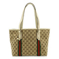 Gucci Beige Green Ivory Red Color Canvas Leather Shoulder Bag Tote Bag (Pre-Owned)