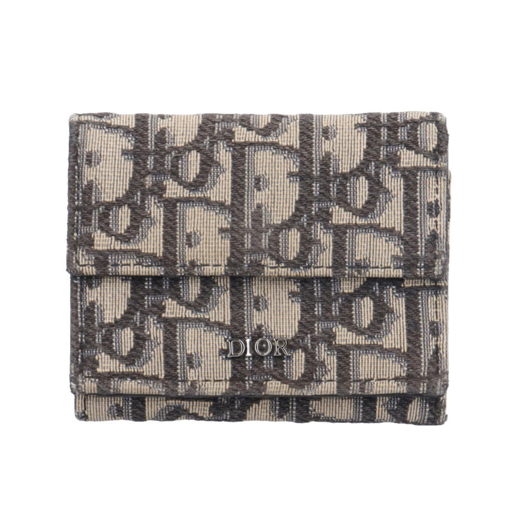 Christian Dior Beige Navy Canvas Leather Wallet (Tri-Fold) (Pre-Owned)