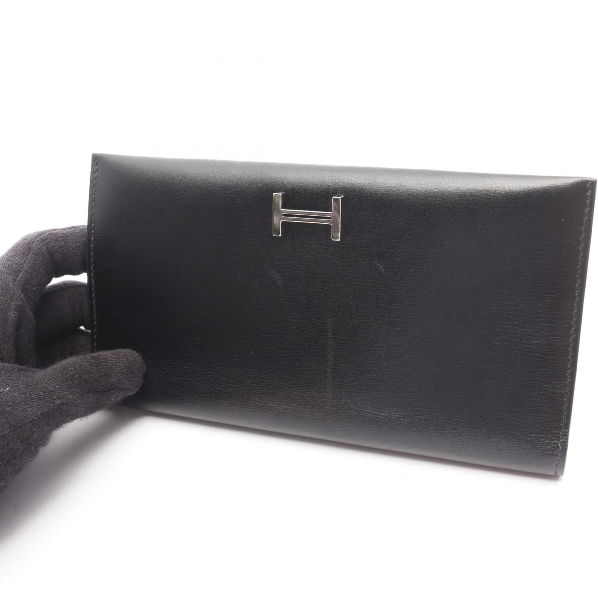 Hermes Black Box Calf Leather Long Wallet (Bi-Fold) (Pre-Owned)