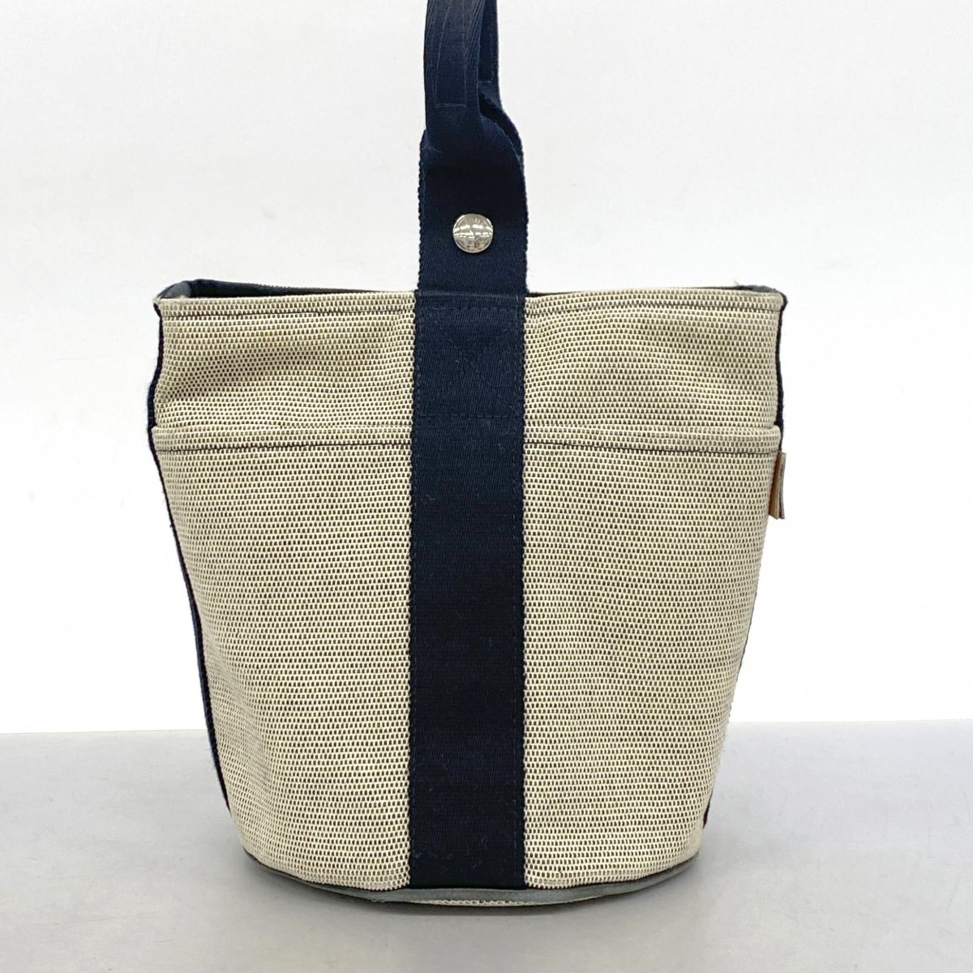 Hermes Beige Black Canvas Handbag (Pre-Owned)