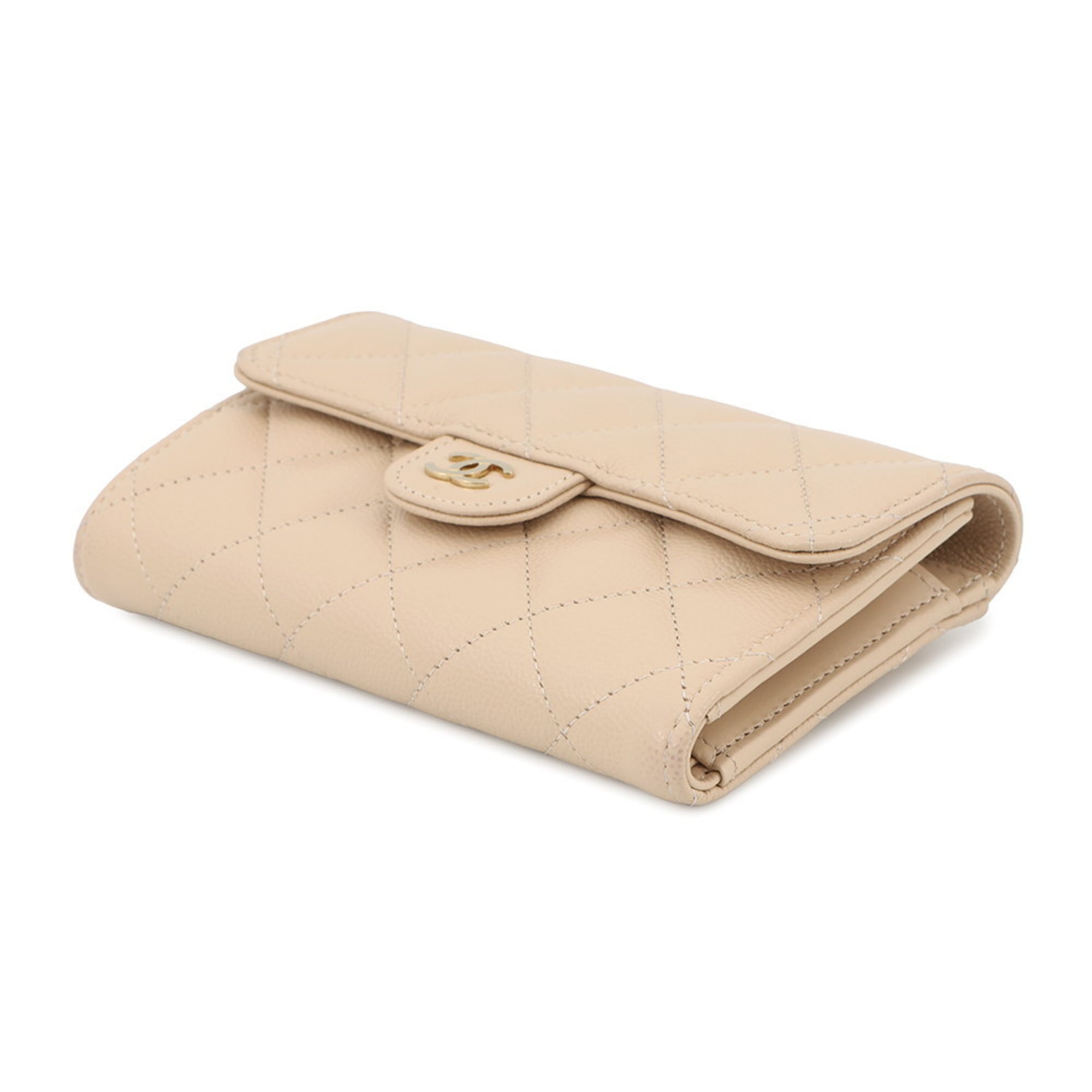 Chanel Matelasse Beige Grained Calfskin Wallet (Tri-Fold) (Pre-Owned)