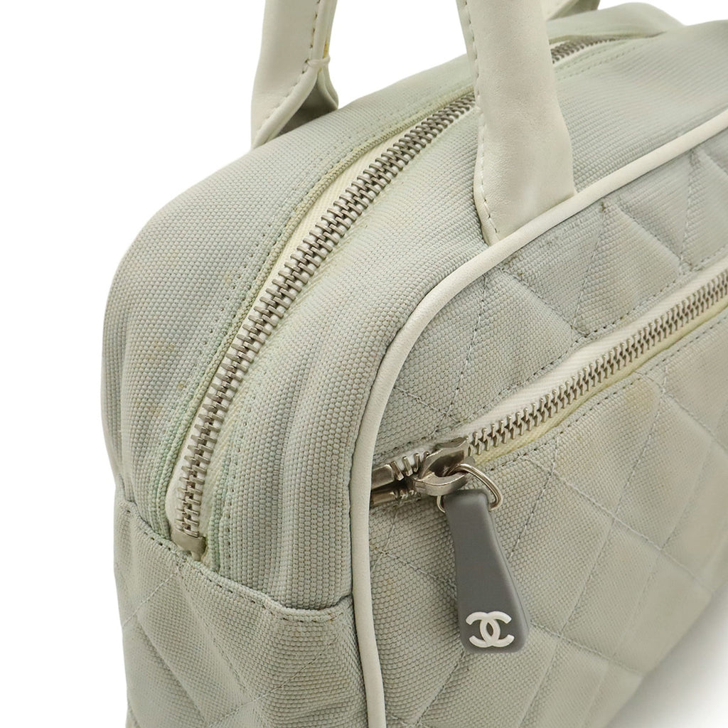 Chanel Light Gray White Canvas Leather Handbag (Pre-Owned)