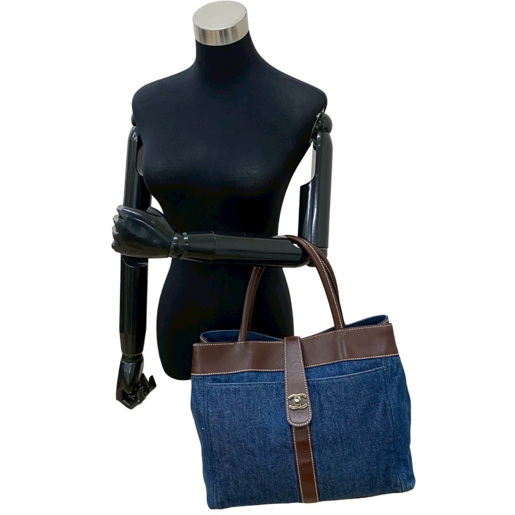 Chanel Blue Brown Leather Denim Tote Bag (Pre-Owned)