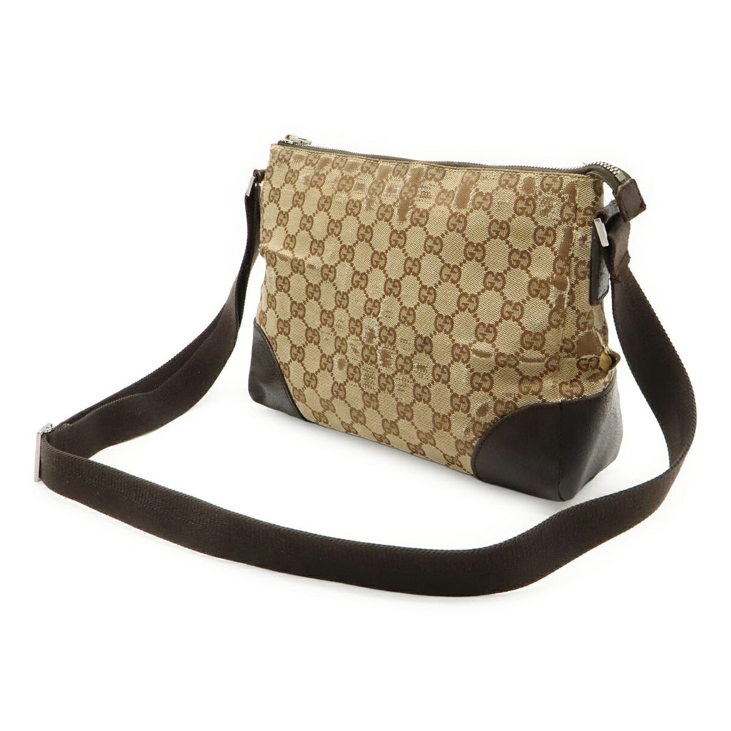 Gucci Beige Dark Brown Khaki Canvas Leather Shoulder Bag (Pre-Owned)